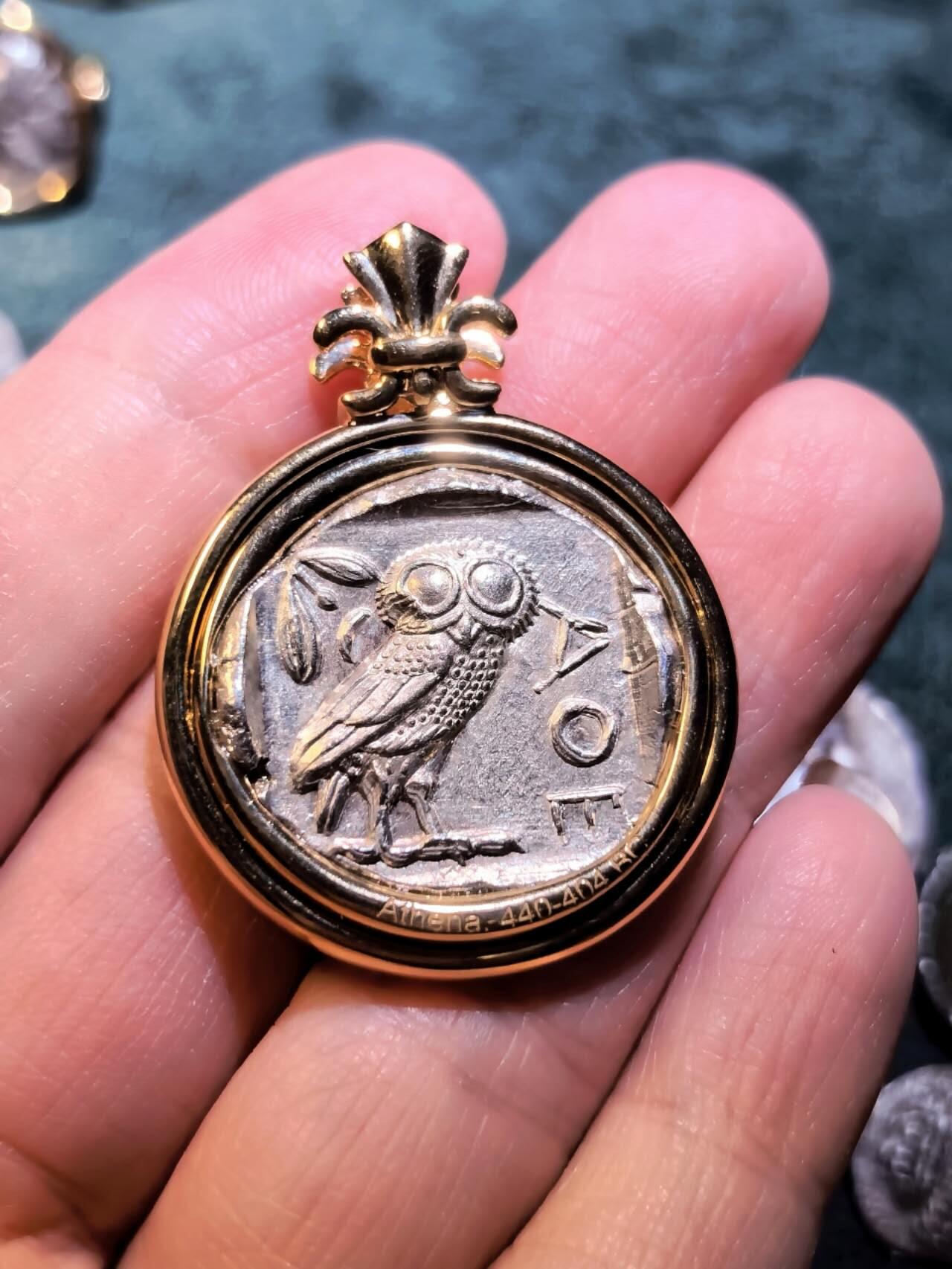 古希腊雅典娜猫头鹰翻转款古币吊坠