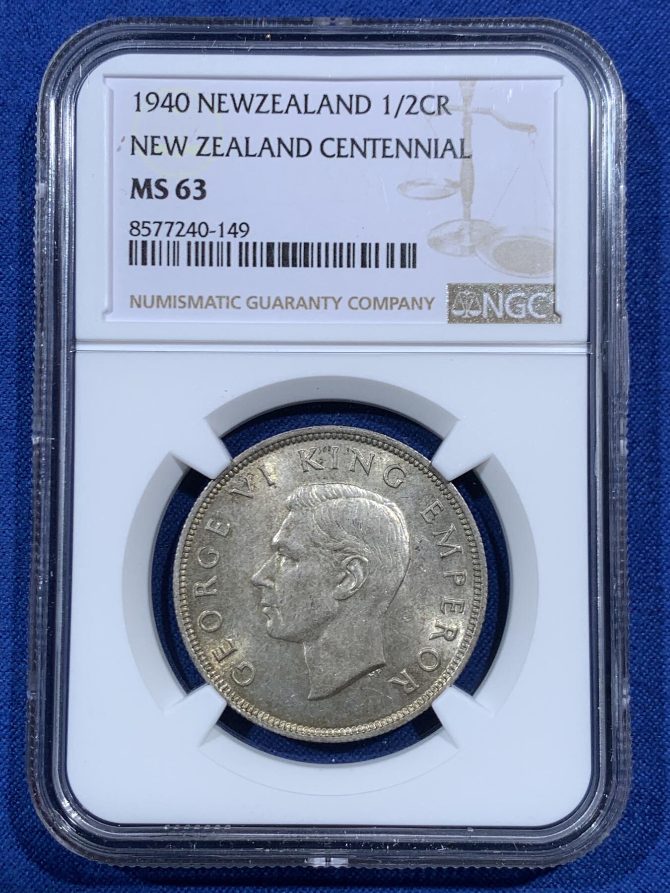 《竞宝斋》第462场 周日，周一，2场连拍 （全场包邮）欢迎送拍 NGC MS63 新西兰1940年建国百年纪念银币，63的好品相稀奇很少出现，大部分都是62分