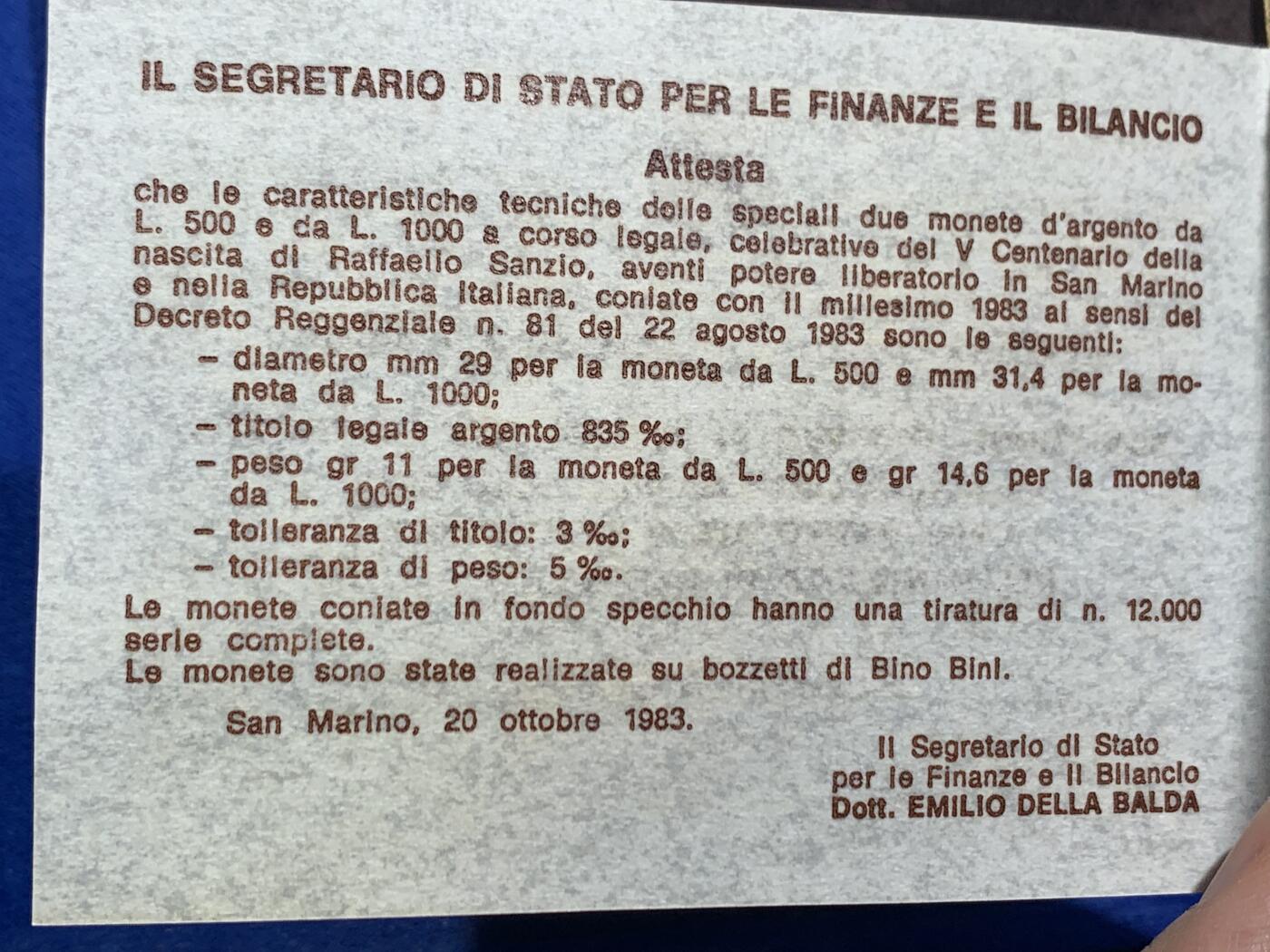 《竞宝斋》第462场 周日，周一，2场连拍 （全场包邮）欢迎送拍 圣马力诺 1983年 835精制银币套币 少见的麂皮封装盒 500里拉11克 1000里拉14.6克