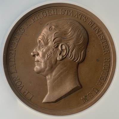 掌中浮雕-藏着的欧洲第051场 - NGC MS63 : 1839年普鲁士枢密院大臣冯 . 兰登伯格纪念铜章，50mm