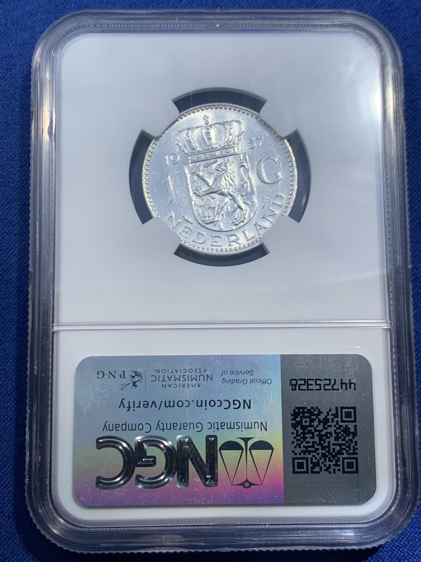 《竞宝斋》第462场 周日，周一，2场连拍 （全场包邮）欢迎送拍 NGC MS61 荷兰1957年1盾银币，50年代好品比60年代的少多了