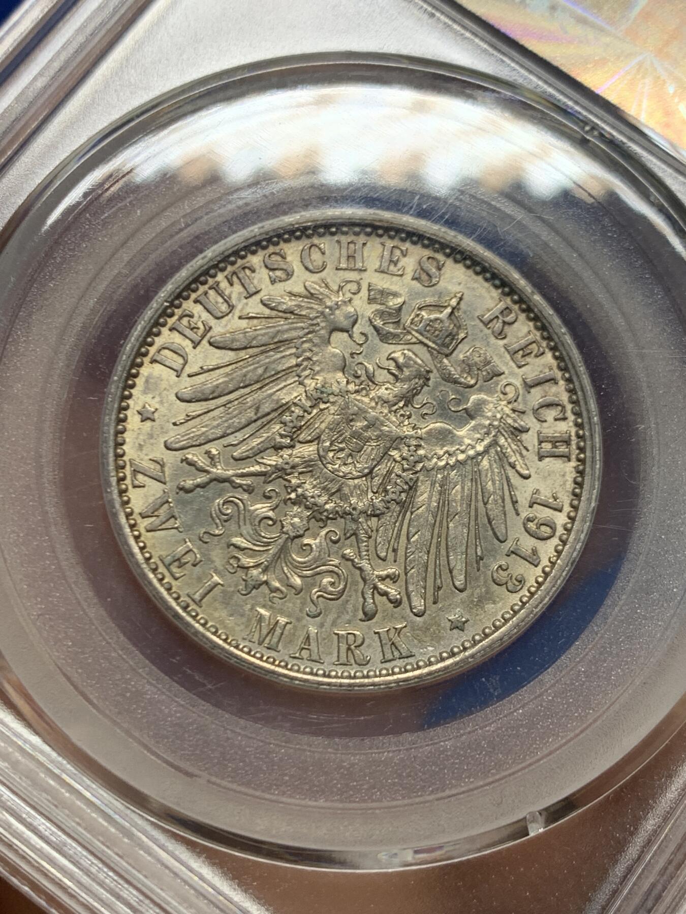 《竞宝斋》第462场 周日，周一，2场连拍 （全场包邮）欢迎送拍 公博 MS63 德国 普鲁士 1913年 威廉二世 军装 2马克 银币