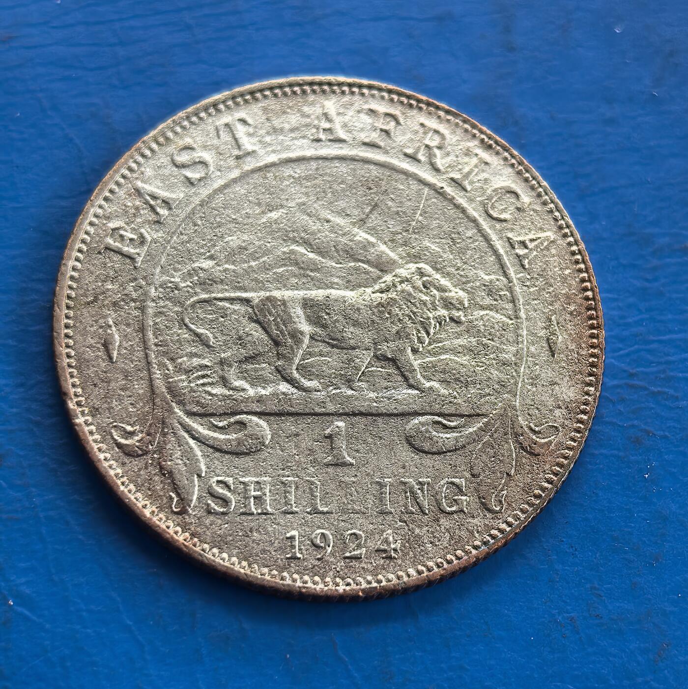外国优质老铜币高银银币，周六九点倒数截拍，满百包邮，持续收拍 1924 年英属东非1先令银币，正面为乔治五世国王侧面像，铭文彰显其君主身份；背面以雄狮为核心，衬以非洲草原地貌，展现地域特色，是英国殖民东非时期的货币见证，兼具历史纪念意义与自然主题美感。