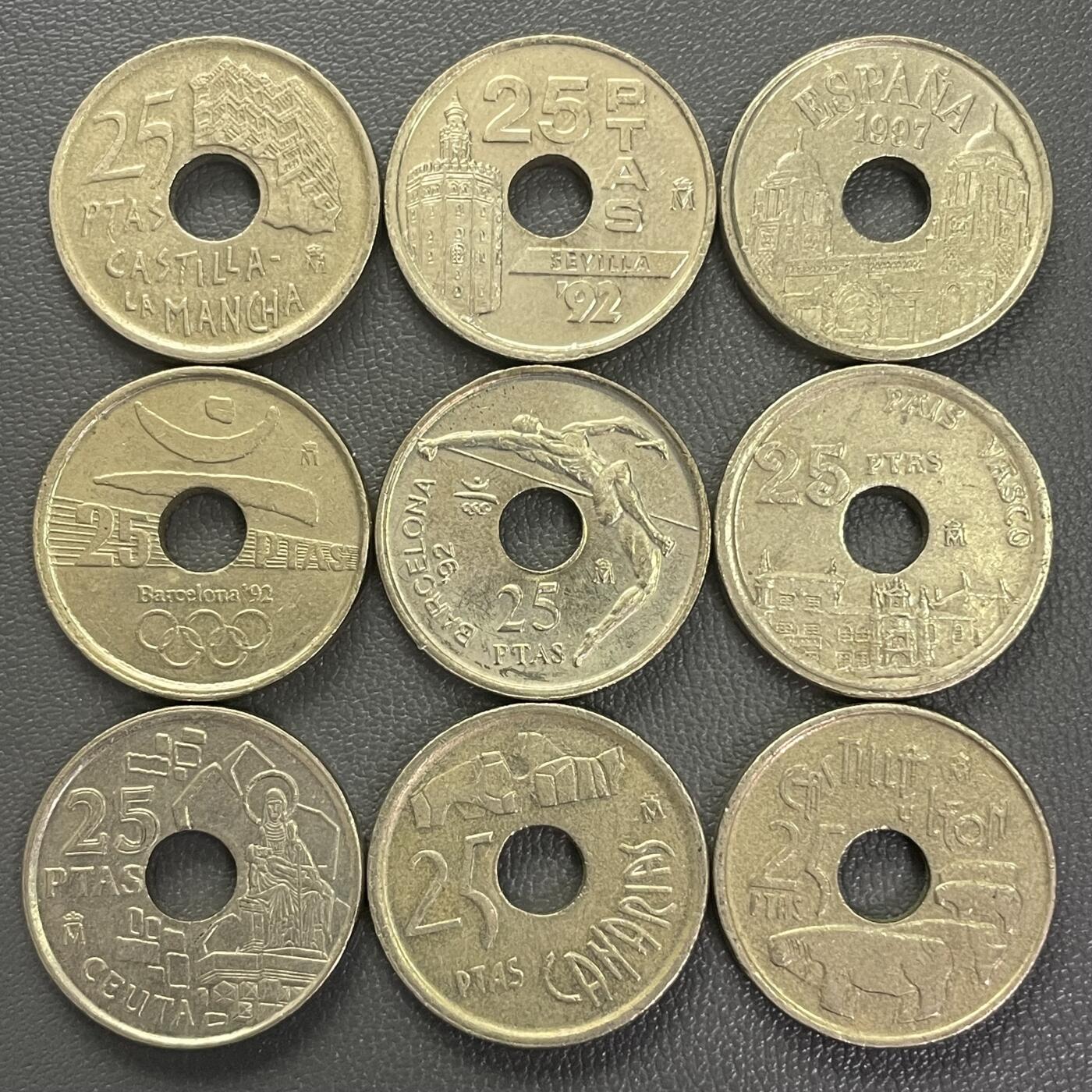 回流0125 西班牙各类中孔25比塞塔纪念币9枚