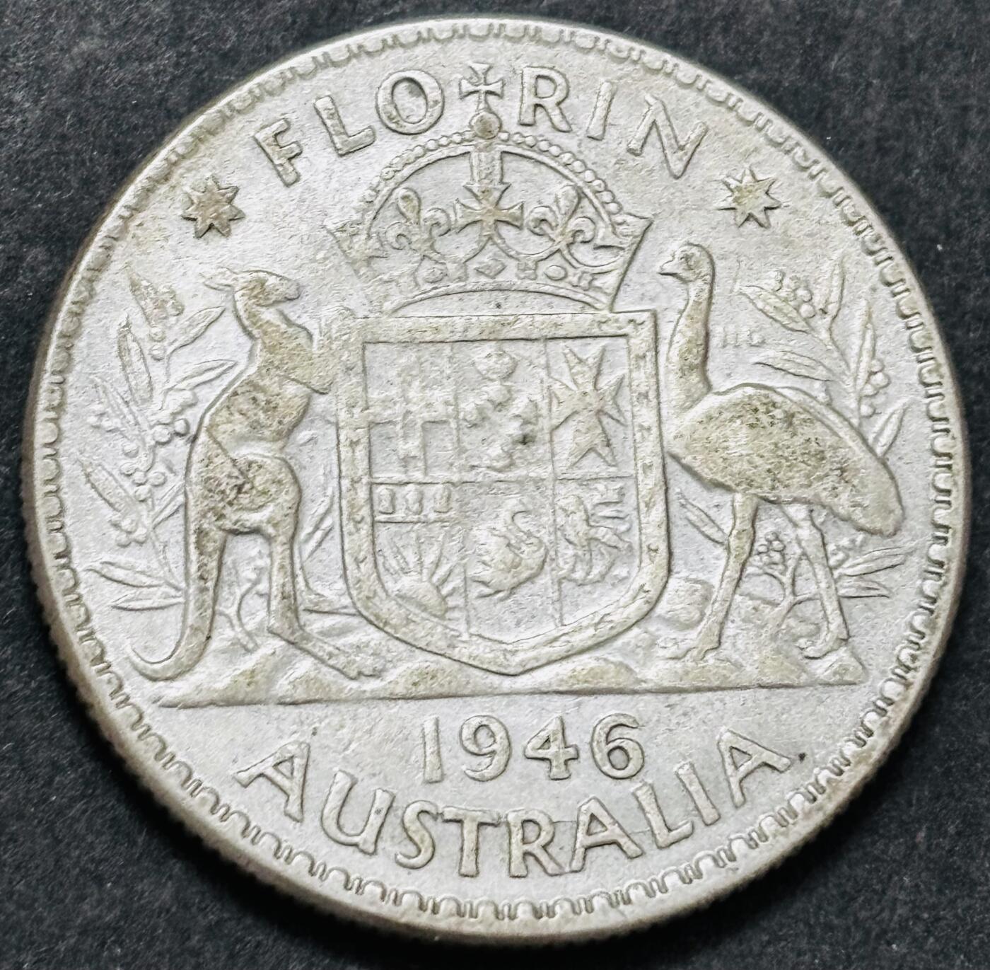 文馨钱币收藏 2026新年第五场（第 291 场）【长期接代拍品】 1946 年英属澳大利亚乔治六世 1 佛罗琳银币，11.3 克 500 银，折合银价 11.3×0.5×25=141.25