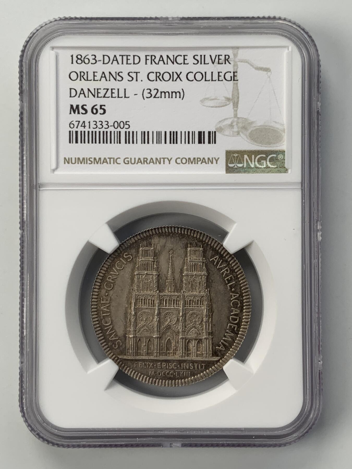 掌中浮雕-藏着的欧洲第051场 NGC MS65 : 1863年法国卢瓦尔省奥尔良圣十字学院纪念银章 ,32mm