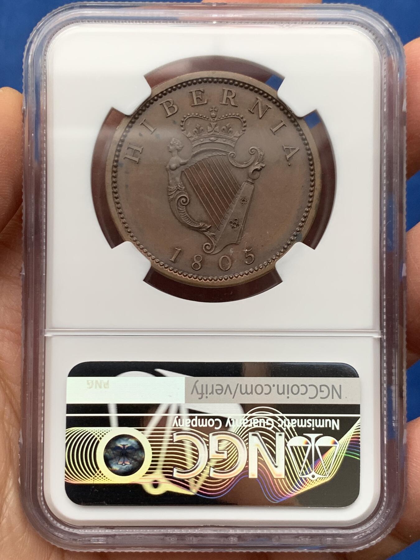 《竞宝斋》第462场 周日，周一，2场连拍 （全场包邮）欢迎送拍 NGC PF65BN 爱尔兰 1805 乔三竖琴1便士大铜精铸 Küchler雕模，SOHO出品，运用了当时最先进的蒸汽动力压铸机，现代铸币史上的里程碑品种