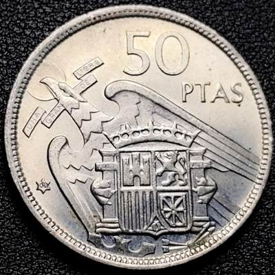 泉币菌-第176场- 精品福利场 - 原光美品 30.0MM 佛朗哥西班牙 1957年50比塞塔铜镍硬币 