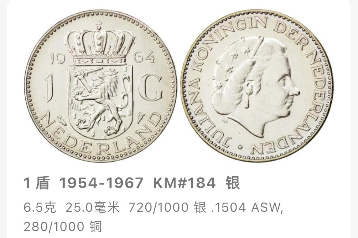 回流0201 荷兰1956年朱丽安娜女王一盾银币 银价6.5*72%*24=112元