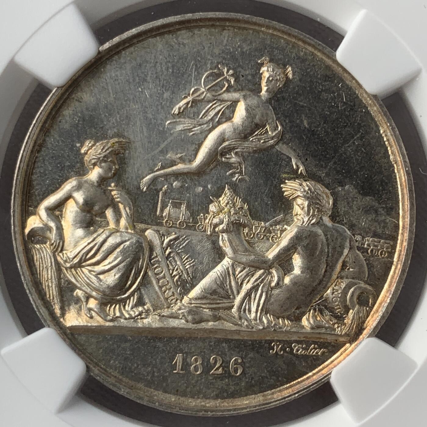 掌中浮雕-藏着的欧洲第051场 NGC MS64 : 1826年法国圣爱点-里昂铁路开通银章 ,36mm