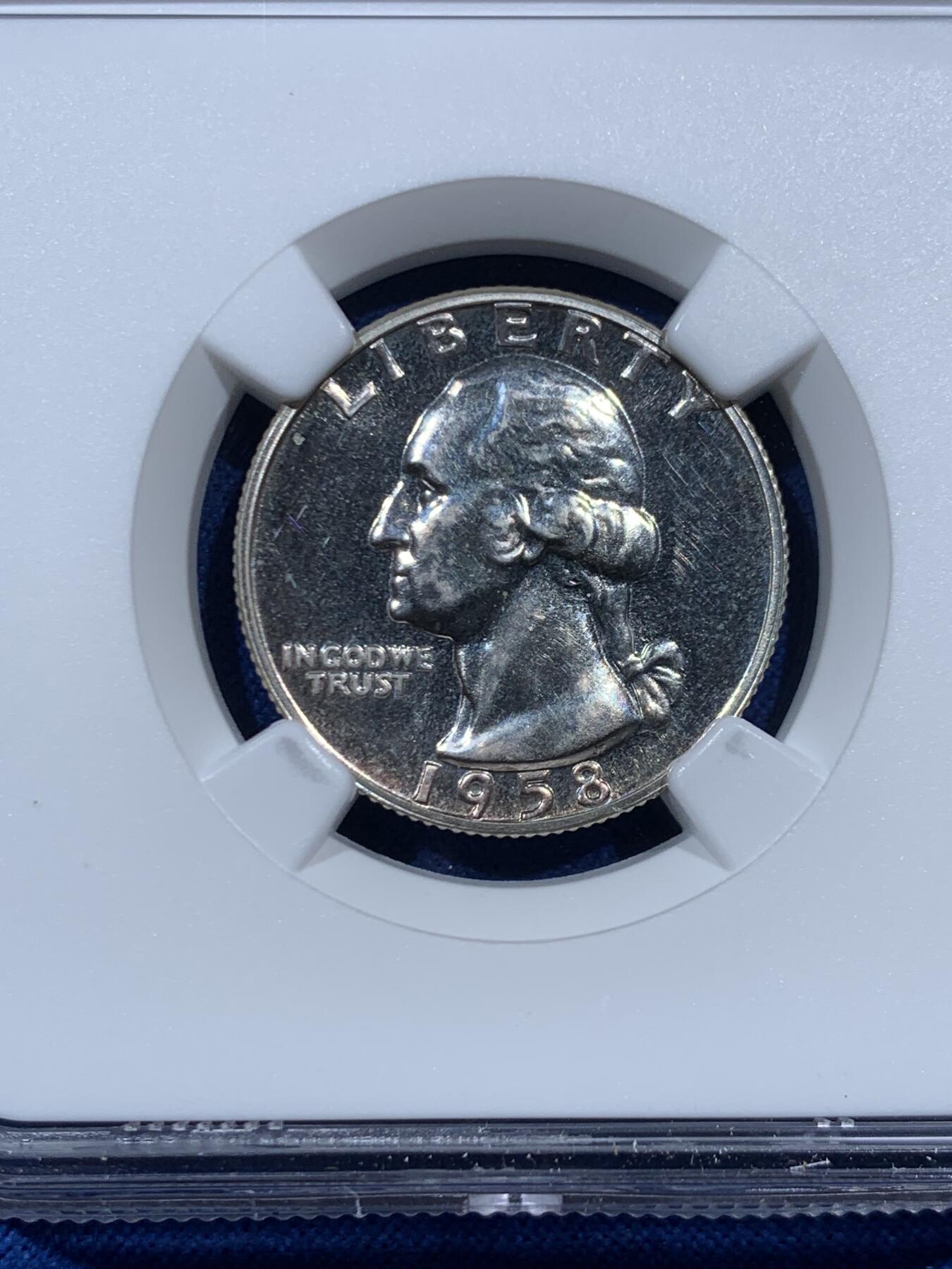 《竞宝斋》第462场 周日，周一，2场连拍 （全场包邮）欢迎送拍 NGC PF64 美国1958年 华盛顿 25分 精制银币