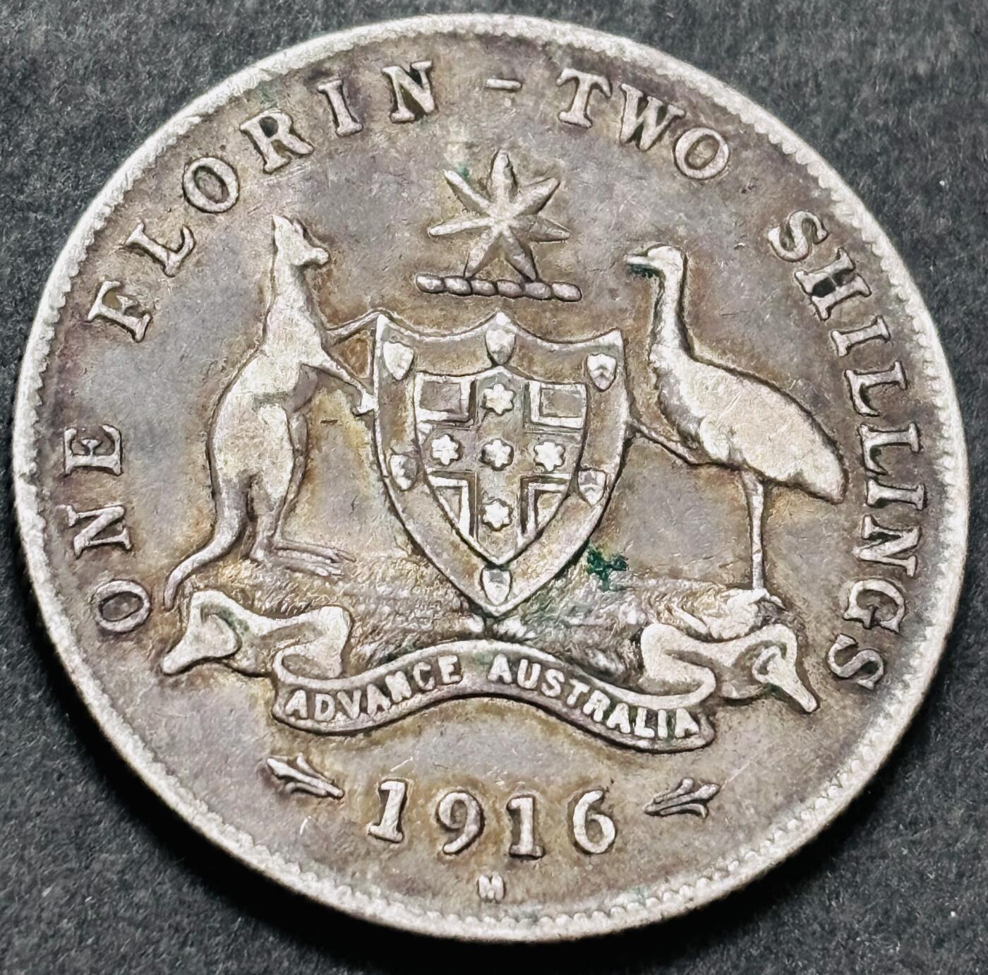 文馨钱币收藏 2026新年第五场（第 291 场）【长期接代拍品】 好品 1916 年英属澳大利亚乔治五世 1 佛罗琳银币 M 版，11.3 克 925 高银，折合银价 11.3×0.925×25=261.3125
