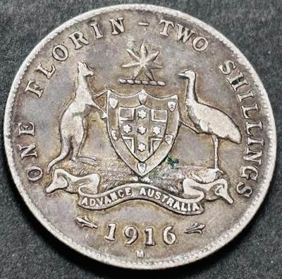 文馨钱币收藏 2026新年第五场（第 291 场）【长期接代拍品】 - 好品 1916 年英属澳大利亚乔治五世 1 佛罗琳银币 M 版，11.3 克 925 高银，折合银价 11.3×0.925×25=261.3125