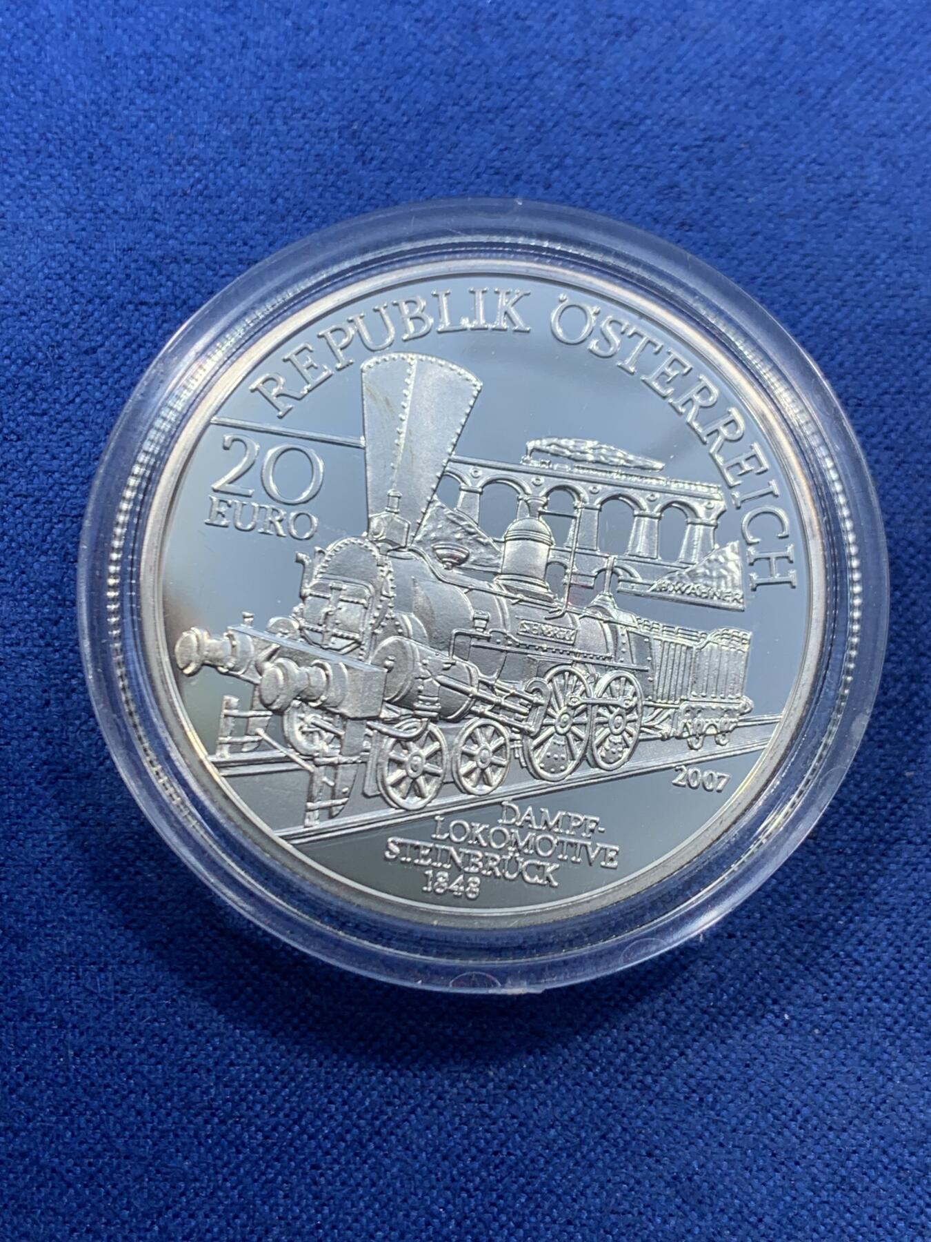 《竞宝斋》第462场 周日，周一，2场连拍 （全场包邮）欢迎送拍 奥地利2007年维也纳-的里雅斯特南部铁路20欧元银币 900银 18克 34mm 带盒证