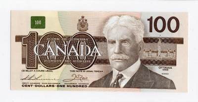 徐霞客拍卖首拍 - 加拿大	P-99a 1988年100元	564	120	AJW3684627	流通品相	正面主像为加拿大前总理罗伯特·莱尔德·博登，右侧为渥太华国会大厦图案。币面采用英法双语标注，是加拿大最后一批纯纸质流通纸币，采用棕黑渐变套印与精细雕刻凹印工艺，是该系列中的大面额品种。		