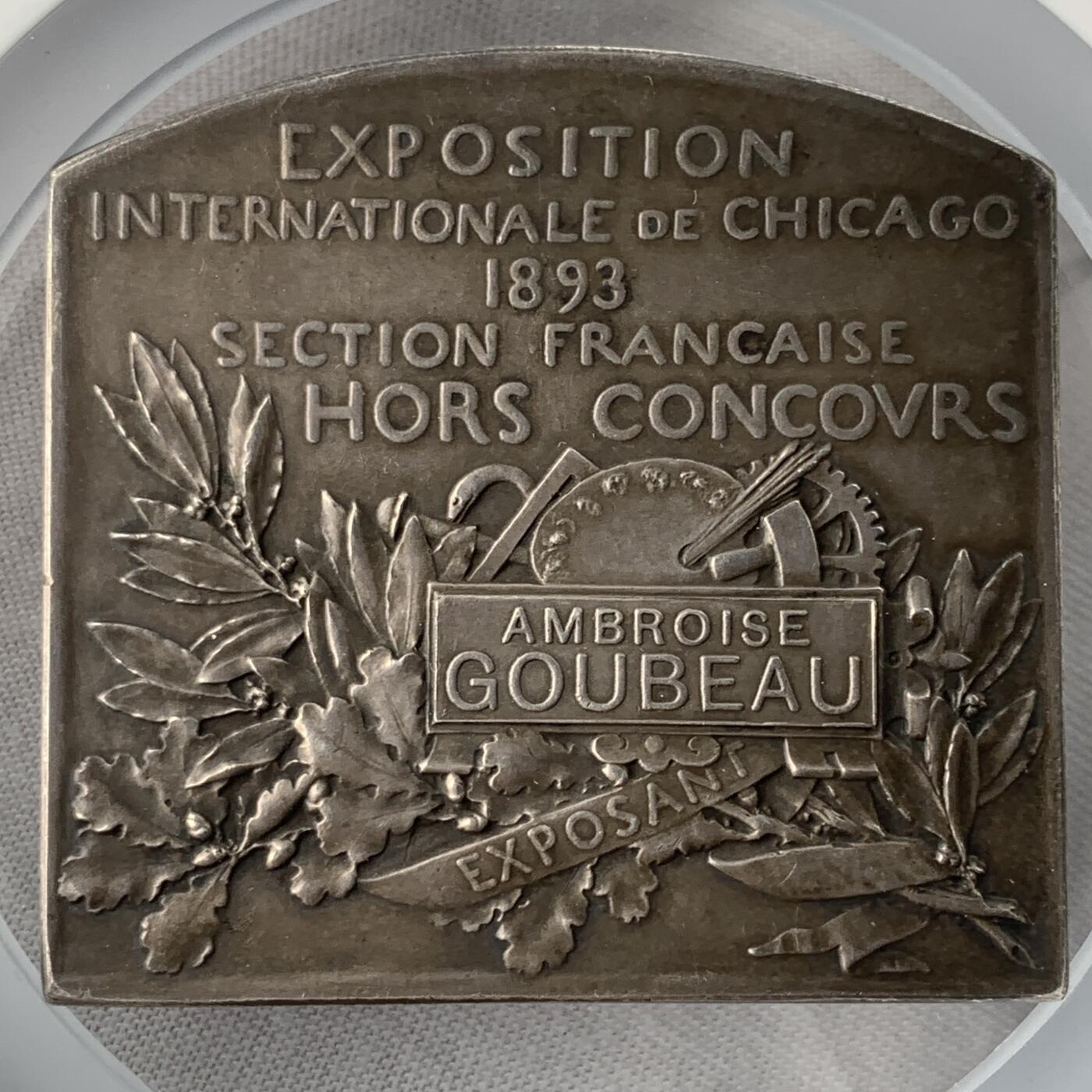 掌中浮雕-藏着的欧洲第051场 1893年美国芝加哥世博会法国参展纪念镀银铜章，50*53mm，雕刻大师罗蒂O.roty