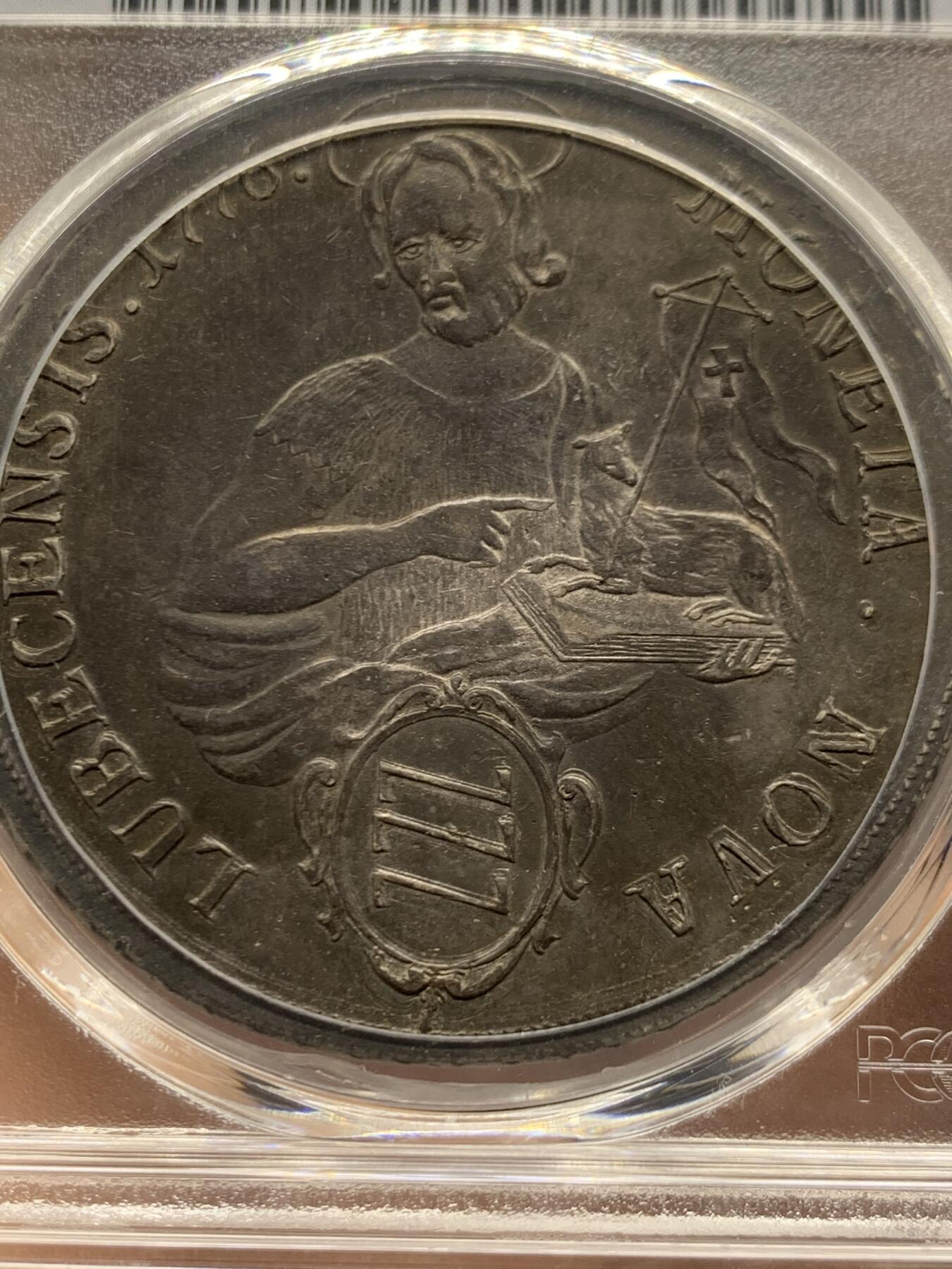 《竞宝斋》第462场 周日，周一，2场连拍 （全场包邮）欢迎送拍 PCGS AU55 德国 1776年  吕贝克自由汉萨城市 圣约翰与羔羊泰勒大银币 稀见品种 独年发行