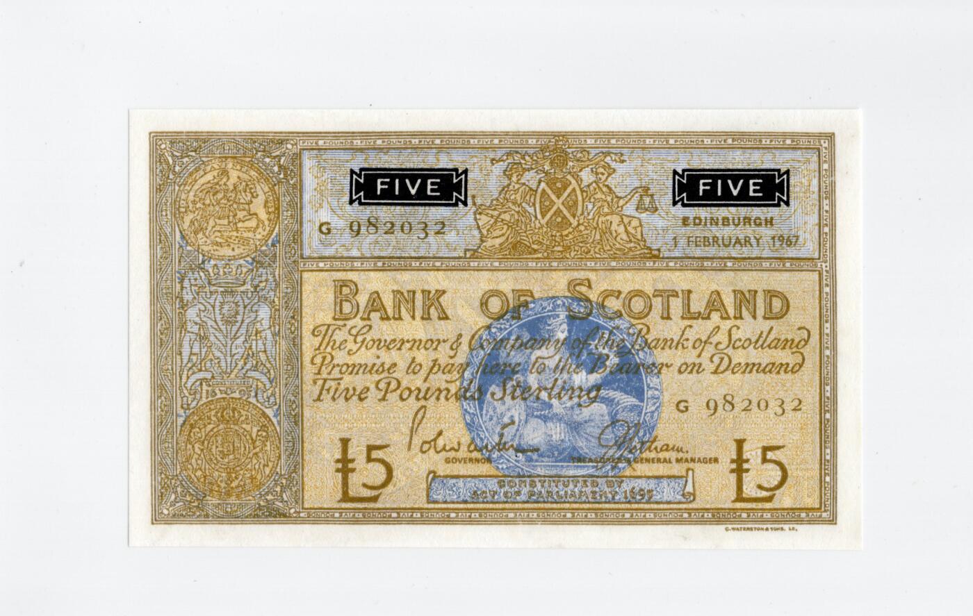 徐霞客拍卖首拍 	苏格兰/苏格兰银行	P-106c 1967年5镑	UNC-	G982032	是苏格兰最古老发钞行的经典品种。它采用金蓝双色凹版印刷，顶部的正义女神与苏格兰纹章图案极具辨识度，保留“承诺按需兑换”的古老金融表述，见证苏格兰私人发钞传统，存世稀少，是苏格兰金融史与工艺美学的双重载体，极具收藏价值。			