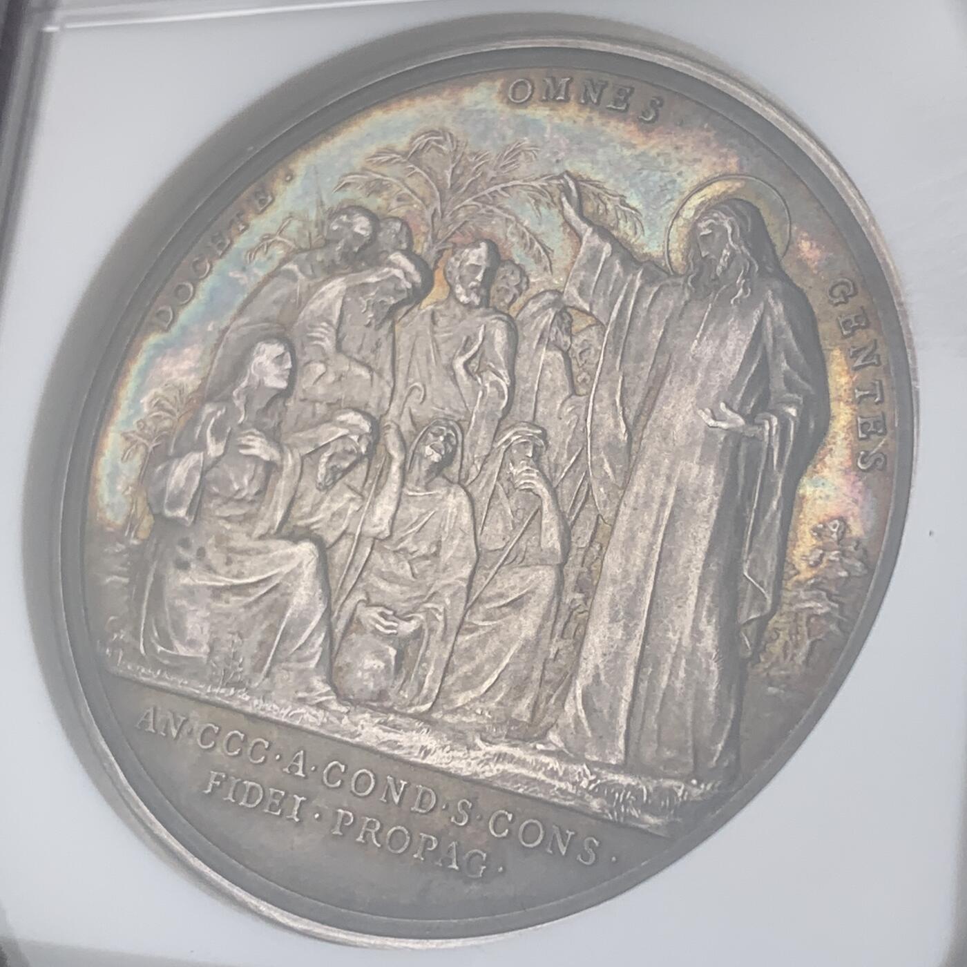 掌中浮雕-藏着的欧洲第051场 NGC MS63 ：1922年梵蒂冈教皇国庇护十一世纪念宣传信仰圣会成立300周年银章 ，43mm
