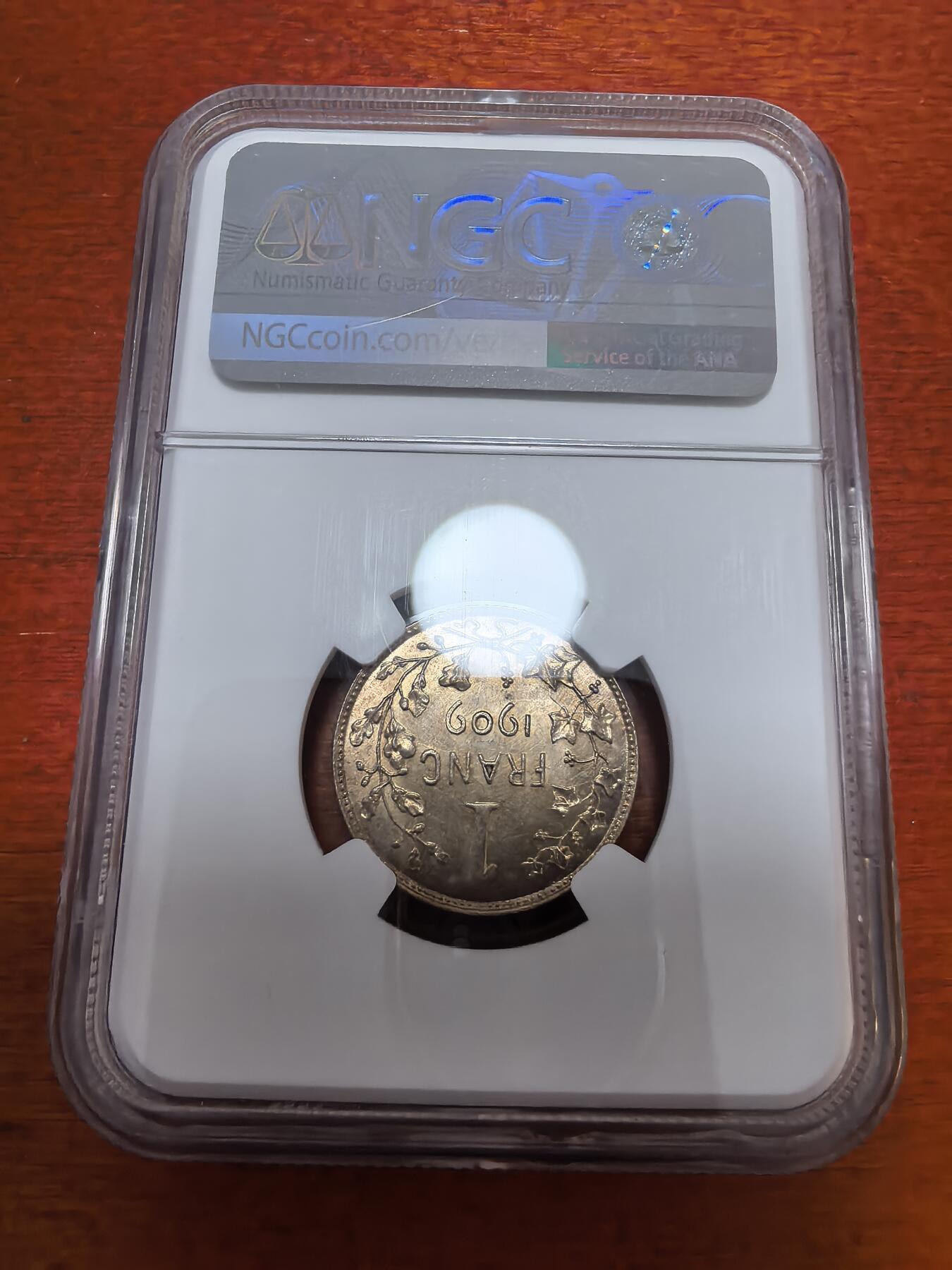 长老汇蛇年精选第九十六场拍卖 1909比利时大胡子利奥波德二世1法郎银币，NGC MS62分，法语版， 更高2枚