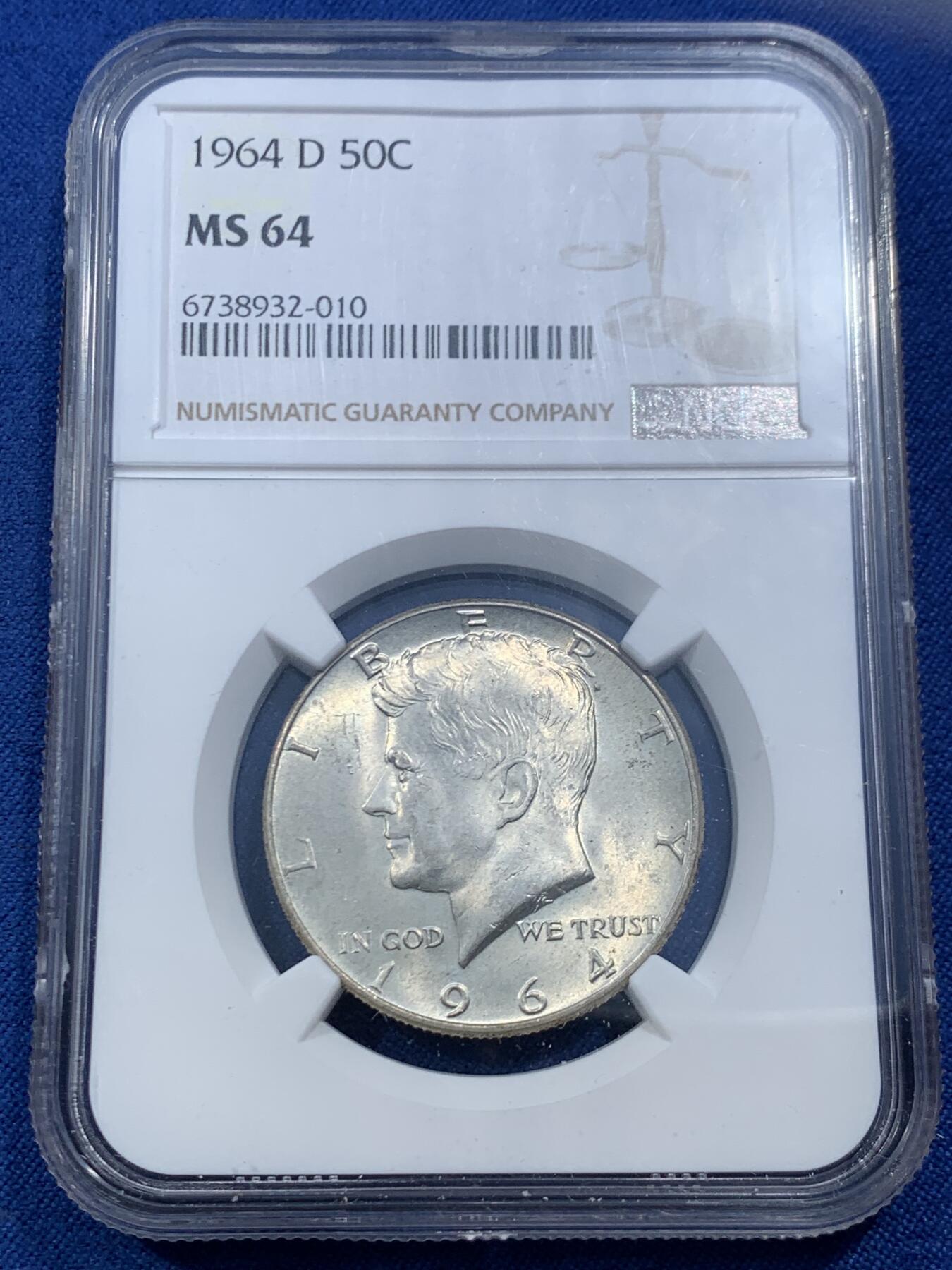 《竞宝斋》第462场 周日，周一，2场连拍 （全场包邮）欢迎送拍 NGC MS64 美国1964年肯尼迪50美分银币 高银版本 900银 银光闪闪