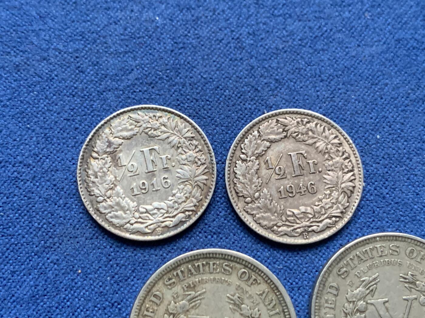 《竞宝斋》第462场 周日，周一，2场连拍 （全场包邮）欢迎送拍 四枚一组 瑞士半法郎银币2个+美国5美分镍币2个