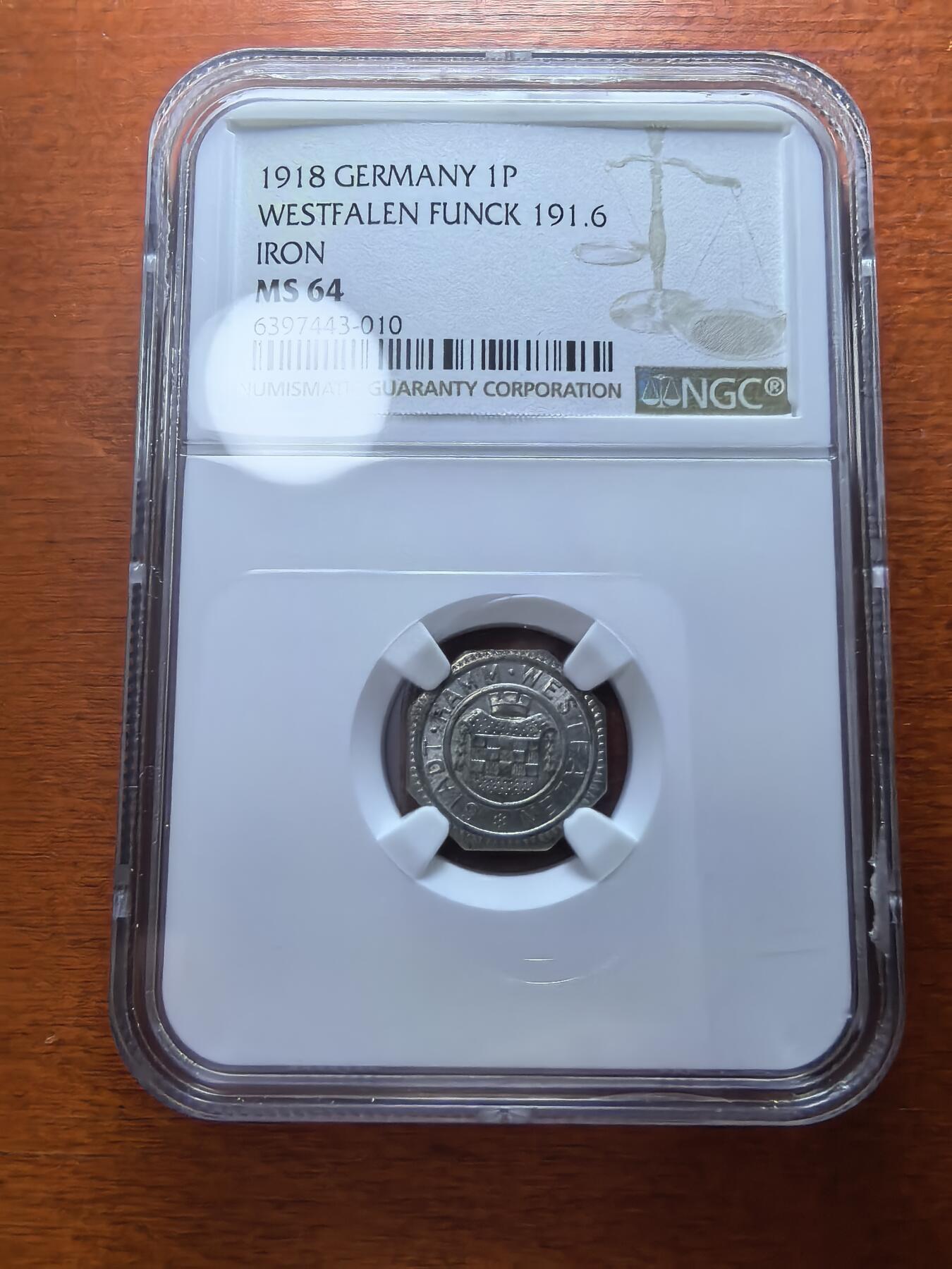 长老汇蛇年精选第九十六场拍卖 1918德紧威斯特法伦1芬尼铁币，NGC MS64，唯一记录