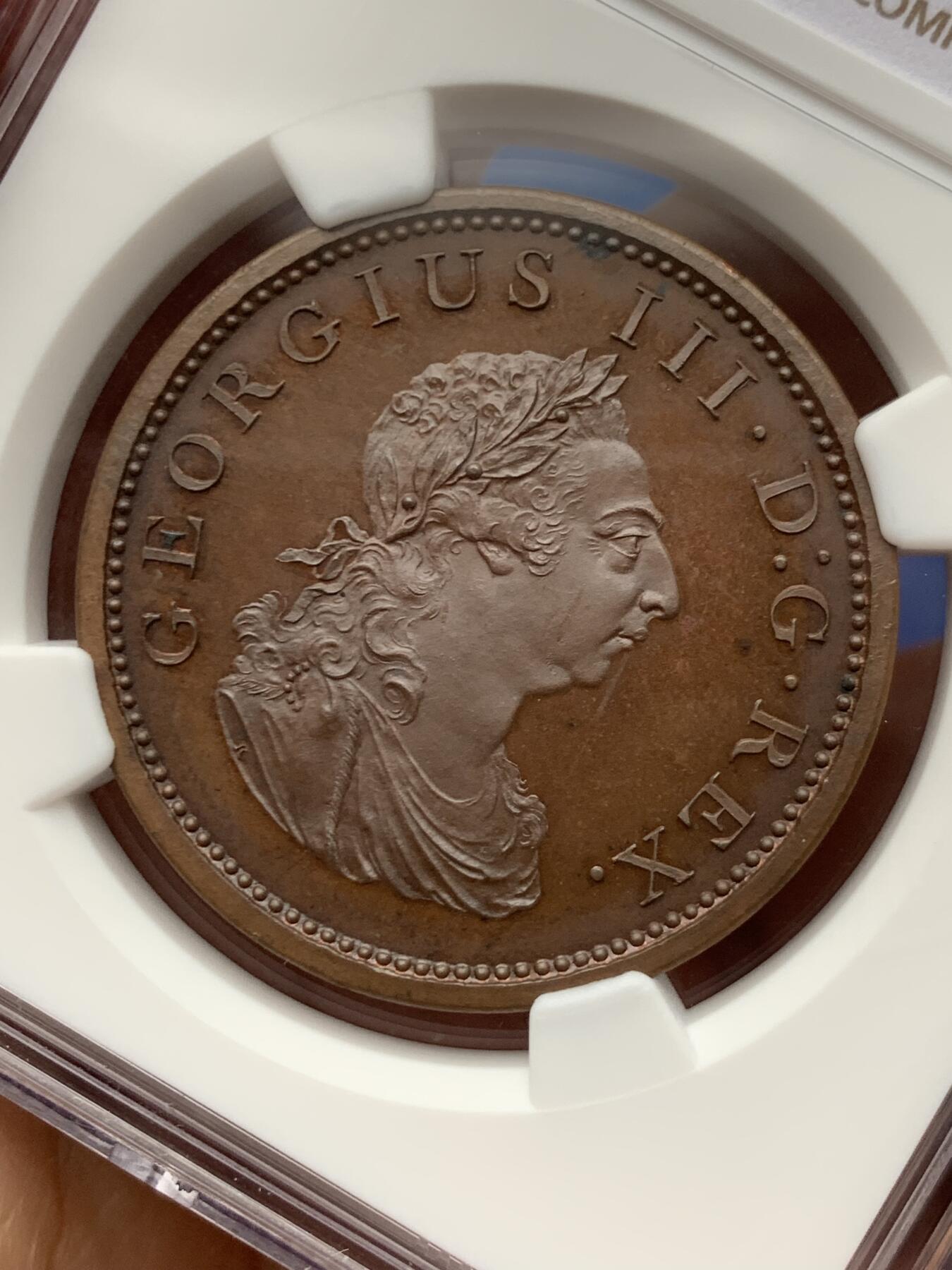 《竞宝斋》第462场 周日，周一，2场连拍 （全场包邮）欢迎送拍 NGC PF65BN 爱尔兰 1805 乔三竖琴1便士大铜精铸 Küchler雕模，SOHO出品，运用了当时最先进的蒸汽动力压铸机，现代铸币史上的里程碑品种