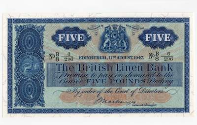 徐霞客拍卖首拍 - 苏格兰/英国亚麻银行	P-161b 1947年5镑	UNC-	B/8 6296	整体采用蓝绿渐变的古典雕刻风格，边框融入繁复的花纹与盾形纹章，左侧圆形图案刻画了希腊神话中的贸易女神，与银行的亚麻贸易起源形成呼应，这种将神话符号与商业历史结合的设计在苏格兰纸币中独树一帜。			
