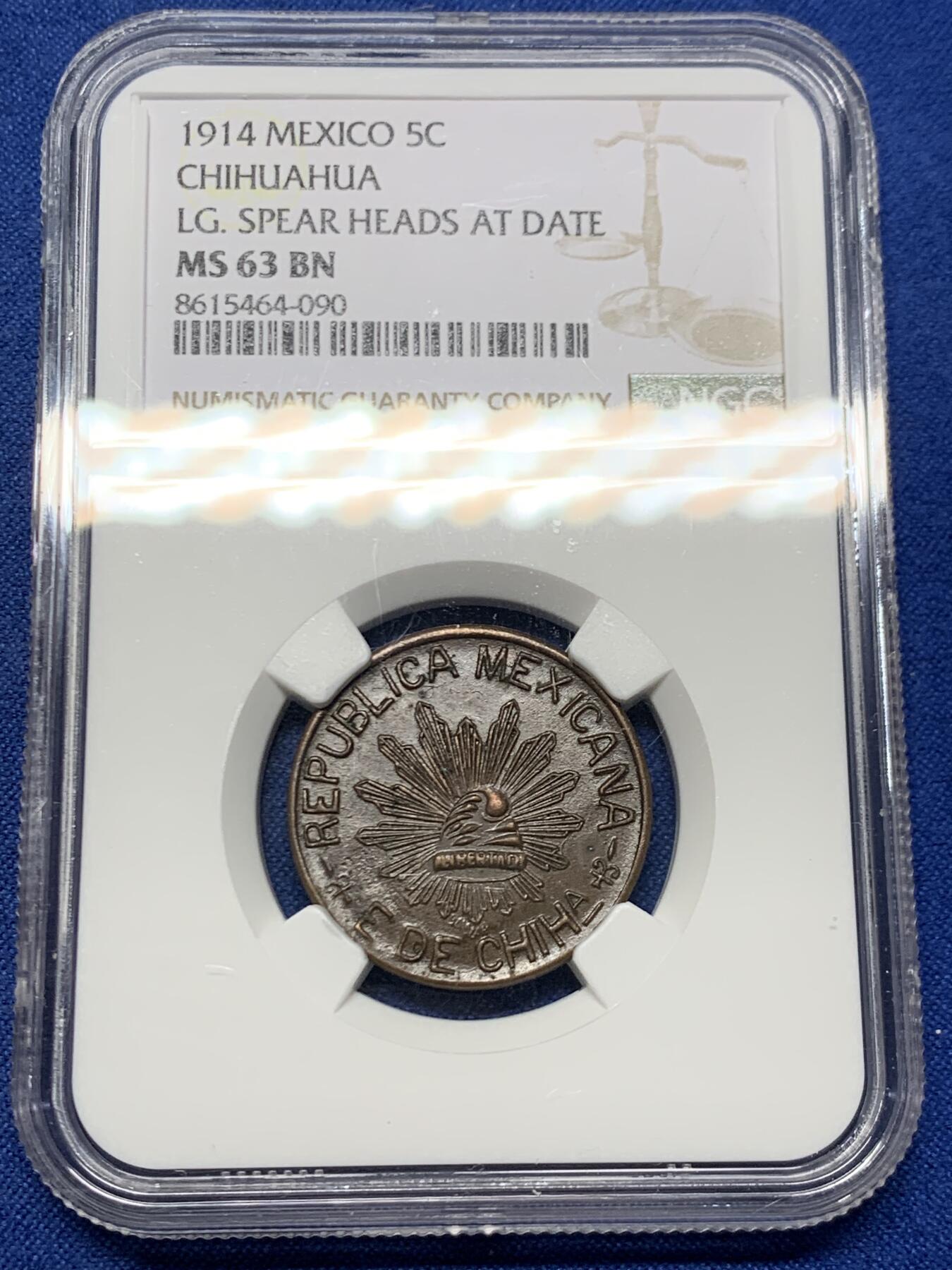 《竞宝斋》第462场 周日，周一，2场连拍 （全场包邮）欢迎送拍 NGC MS63BN 墨西哥1914年革命时期奇瓦瓦5分铜币，十分少见的品种