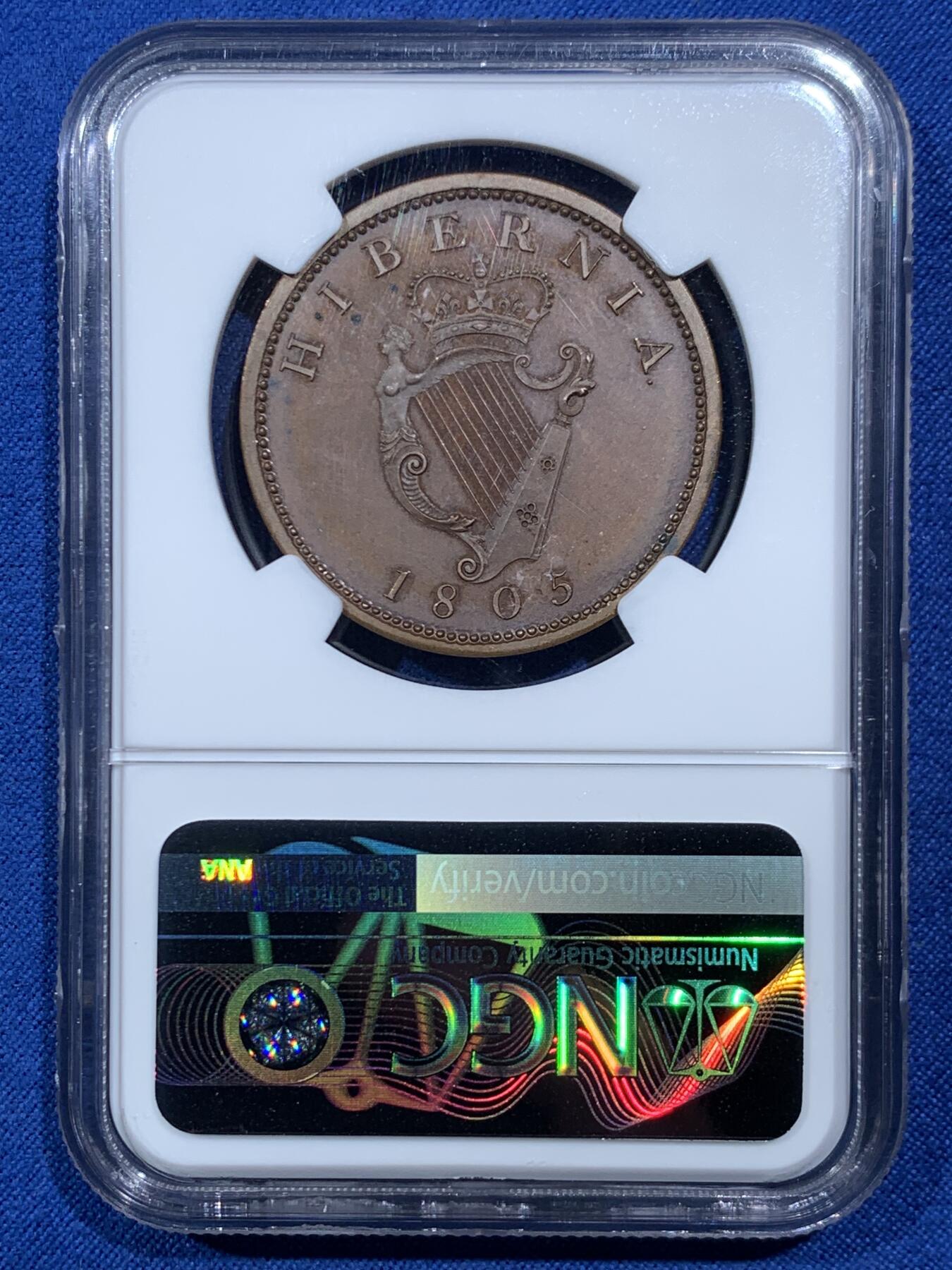 《竞宝斋》第462场 周日，周一，2场连拍 （全场包邮）欢迎送拍 NGC PF65BN 爱尔兰 1805 乔三竖琴1便士大铜精铸 Küchler雕模，SOHO出品，运用了当时最先进的蒸汽动力压铸机，现代铸币史上的里程碑品种