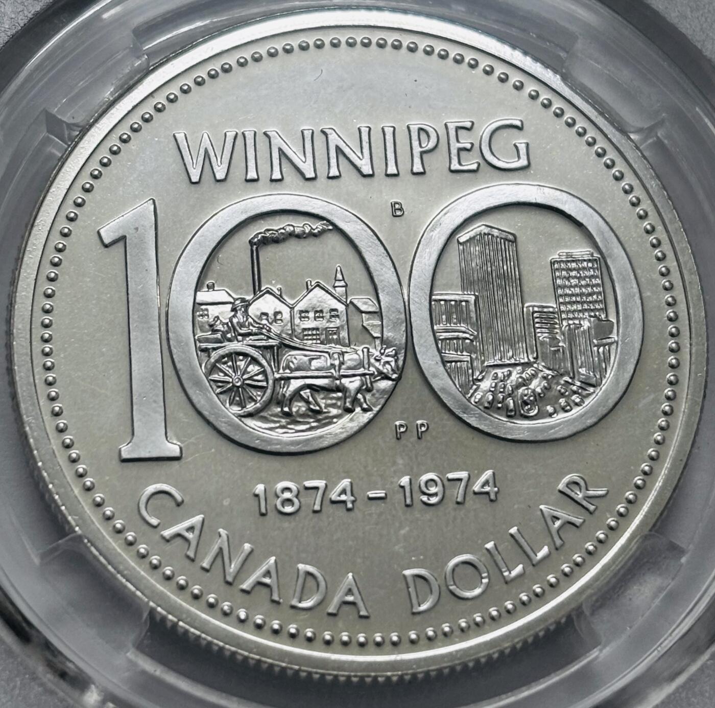 文馨钱币收藏 2026新年第五场（第 291 场）【长期接代拍品】 全新加拿大 1974 年温博尼城百年纪念银币一元（某翠评级 MS68 分），23.32 克 500 银，按银价算 23.32×0.5×25=291.5