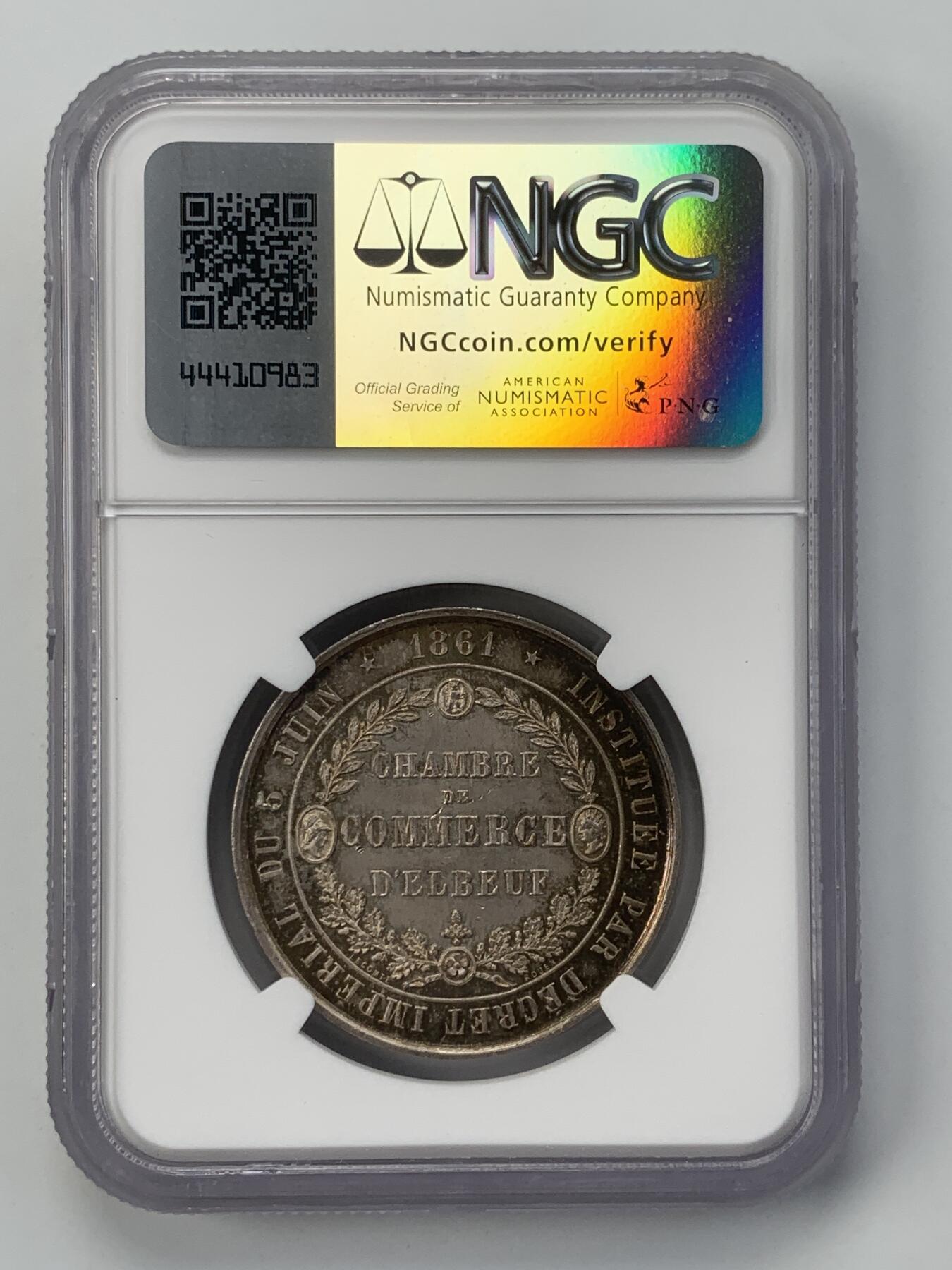 掌中浮雕-藏着的欧洲第051场 NGC MS64 ：1861年法国埃尔伯夫商会银章，33mm