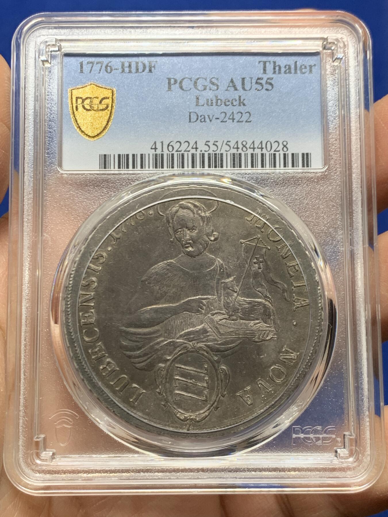 《竞宝斋》第462场 周日，周一，2场连拍 （全场包邮）欢迎送拍 PCGS AU55 德国 1776年  吕贝克自由汉萨城市 圣约翰与羔羊泰勒大银币 稀见品种 独年发行