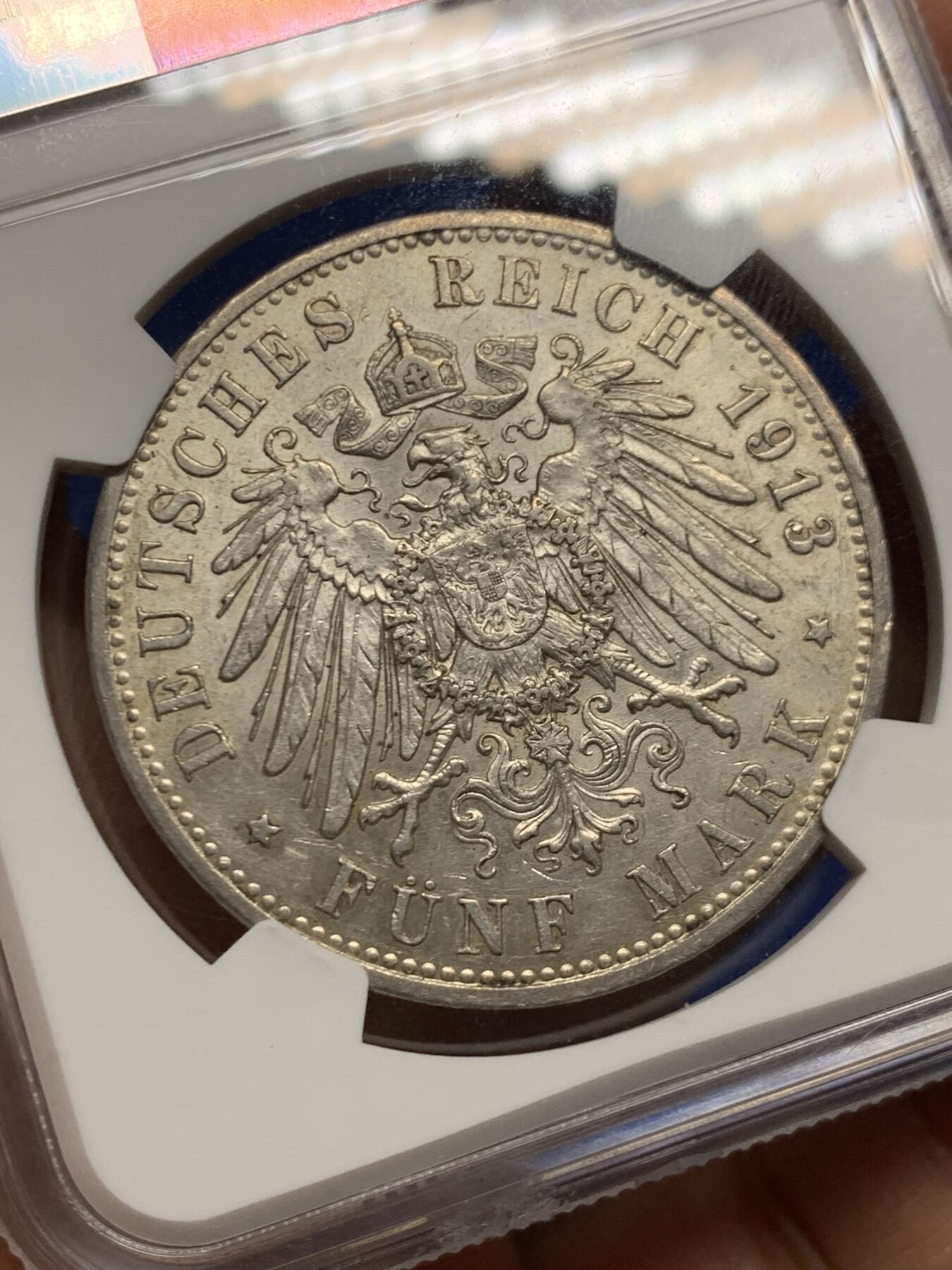 《竞宝斋》第462场 周日，周一，2场连拍 （全场包邮）欢迎送拍 NGC AU55 德国 普鲁士 1913年 威廉二世 军装 5马克 银币