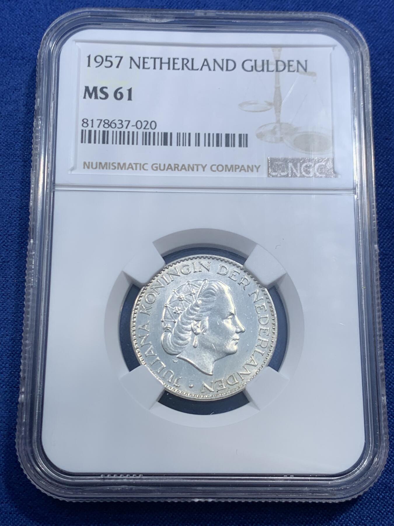 《竞宝斋》第462场 周日，周一，2场连拍 （全场包邮）欢迎送拍 NGC MS61 荷兰1957年1盾银币，50年代好品比60年代的少多了