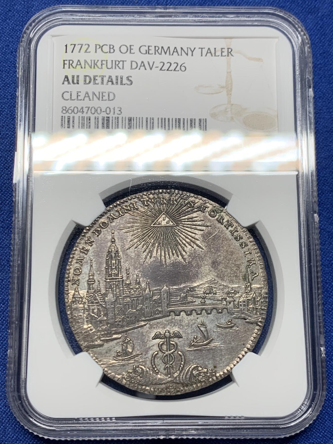 《竞宝斋》第462场 周日，周一，2场连拍 （全场包邮）欢迎送拍 NGC AUD 德国1772年法兰克福城市景观泰勒大银币 原味深彩包浆