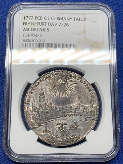 《竞宝斋》第462场 周日，周一，2场连拍 （全场包邮）欢迎送拍 - NGC AUD 德国1772年法兰克福城市景观泰勒大银币 原味深彩包浆