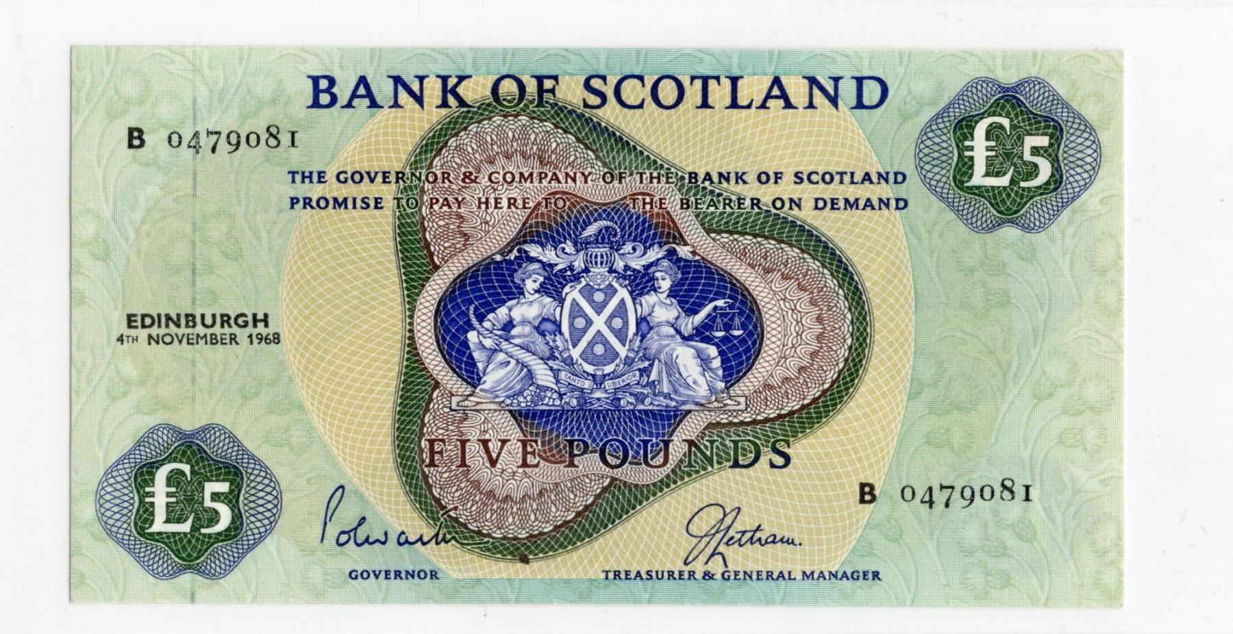 徐霞客拍卖首拍 苏格兰/苏格兰银行	P-110a 1968年5镑	UNC- B0479081 有个黑痣	中央的苏格兰纹章由象征繁荣的丰饶角与代表正义的天平构成，两侧守护女神的设计融合了苏格兰的历史叙事与金融传统。币面保留了“PROMISE TO PAY TO THE BEARER ON DEMAND”这一19世纪银行券的传统表述，它是英国纸币从可兑换黄金到信用货币演变的活化石，这种表述在现代纸币中已极为罕见。	