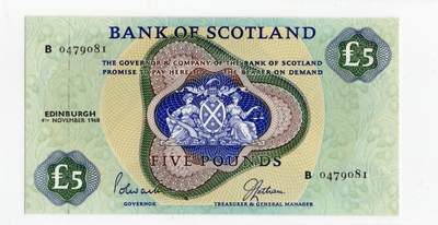 徐霞客拍卖首拍 - 苏格兰/苏格兰银行	P-110a 1968年5镑	UNC- B0479081 有个黑痣	中央的苏格兰纹章由象征繁荣的丰饶角与代表正义的天平构成，两侧守护女神的设计融合了苏格兰的历史叙事与金融传统。币面保留了“PROMISE TO PAY TO THE BEARER ON DEMAND”这一19世纪银行券的传统表述，它是英国纸币从可兑换黄金到信用货币演变的活化石，这种表述在现代纸币中已极为罕见。	