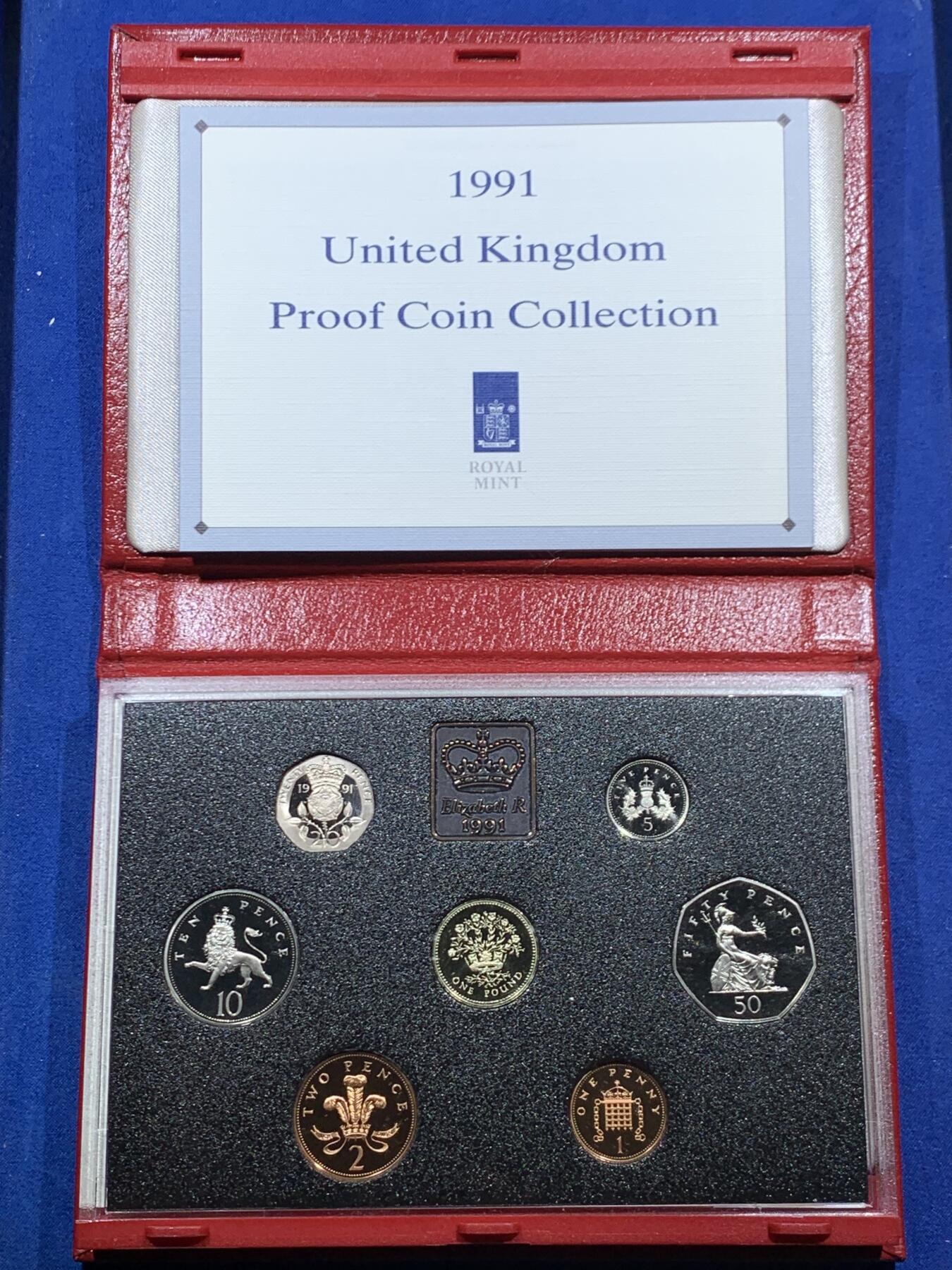 《竞宝斋》第462场 周日，周一，2场连拍 （全场包邮）欢迎送拍 英国1991年精制套币，带1枚1英镑北爱尔兰亚麻精制纪念币，7枚币，盒证齐全，品相精美，红色盒装