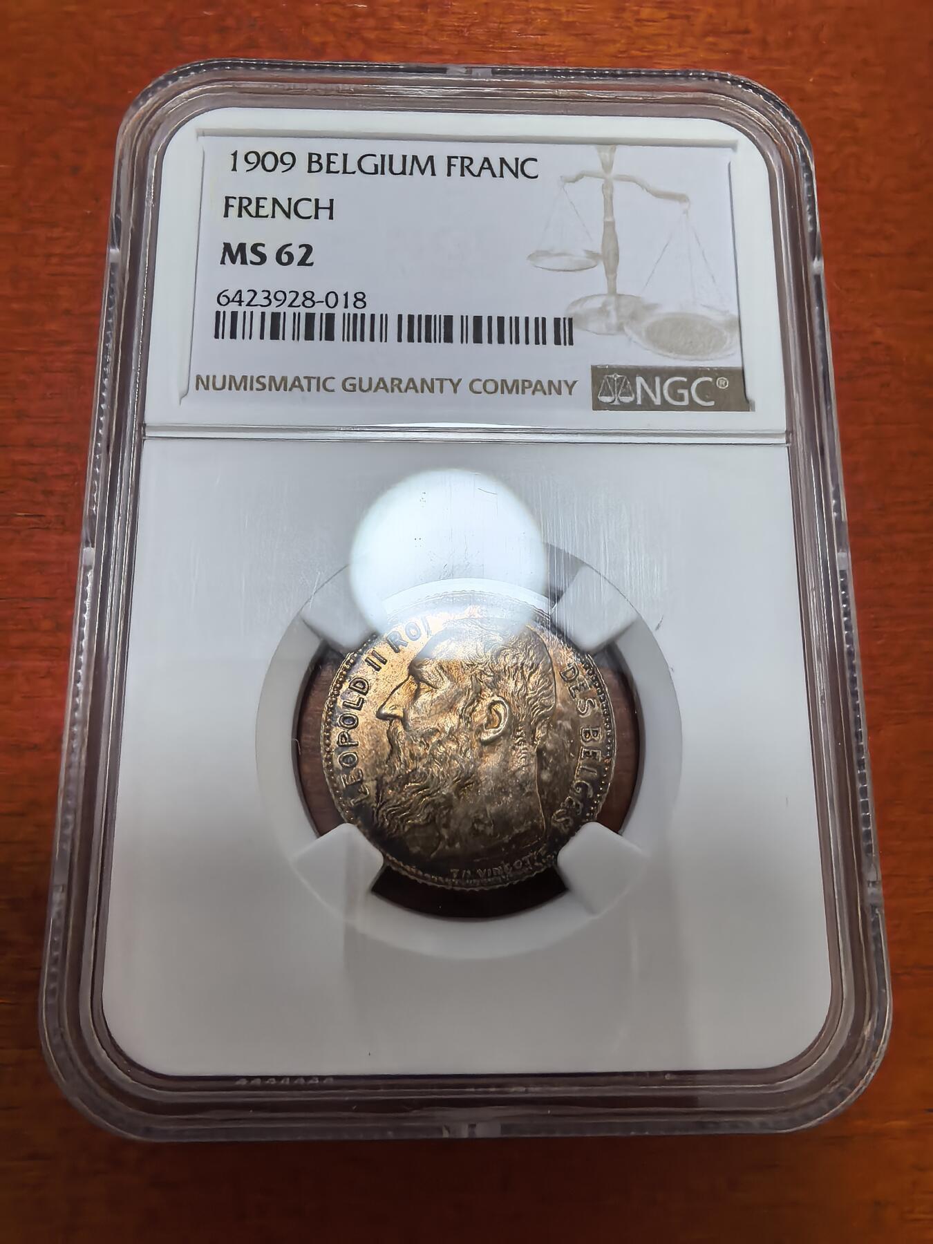 长老汇蛇年精选第九十六场拍卖 1909比利时大胡子利奥波德二世1法郎银币，NGC MS62分，法语版， 更高2枚