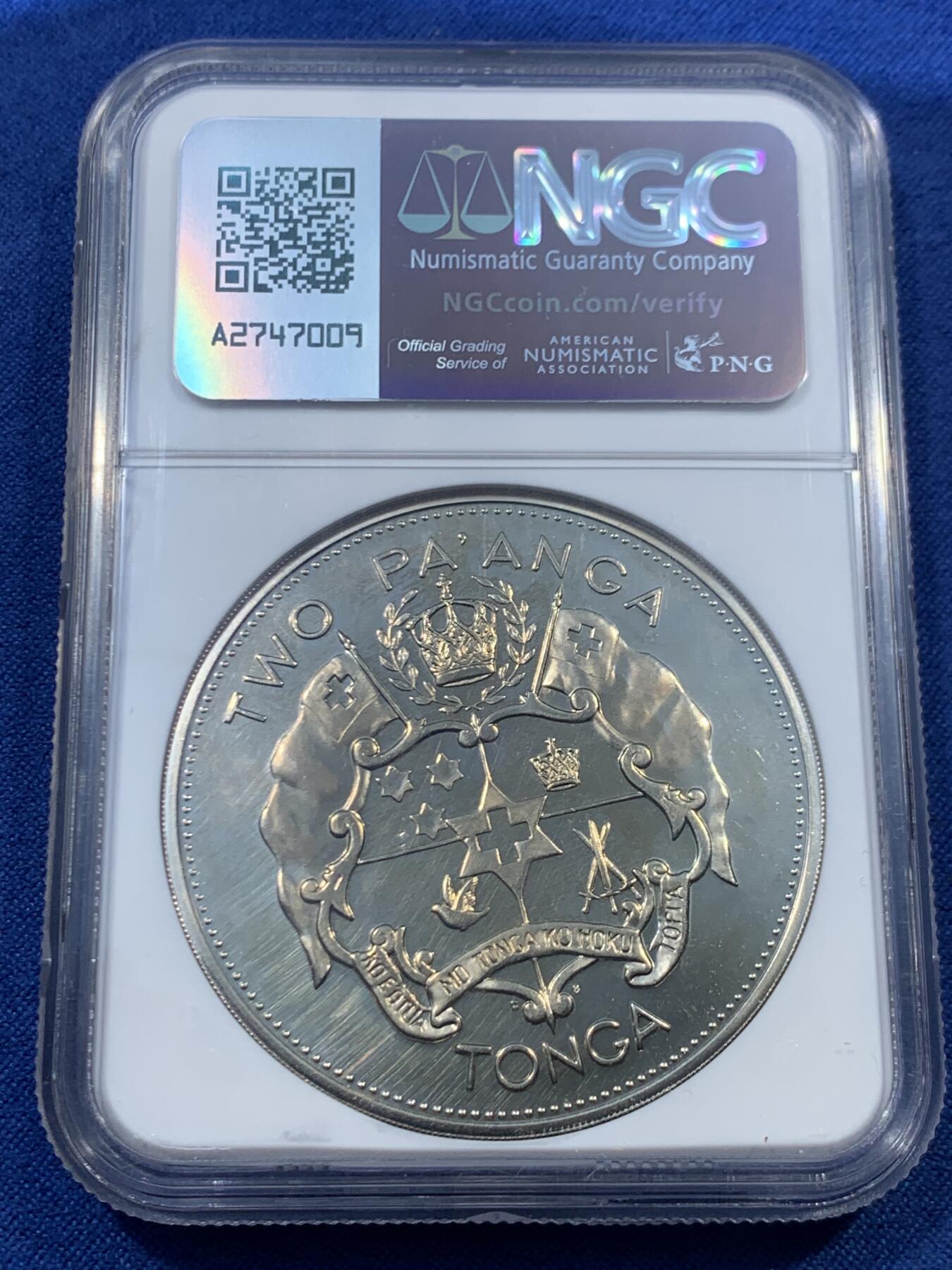 《竞宝斋》第462场 周日，周一，2场连拍 （全场包邮）欢迎送拍 NGC PF67 汤加1967年陶法阿豪·图普四世加冕2潘加精制大镍币，只发行于套币之中，发行量3500枚