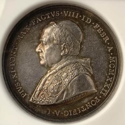 掌中浮雕-藏着的欧洲第051场 - NGC MS63 ：1922年梵蒂冈教皇国庇护十一世纪念宣传信仰圣会成立300周年银章 ，43mm