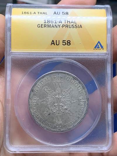 《竞宝斋》第462场 周日，周一，2场连拍 （全场包邮）欢迎送拍 - ANACS AU58 普鲁士王国 1861 毛衣泰勒银币 欧洲淡灰包浆 小黄盒有小裂纹