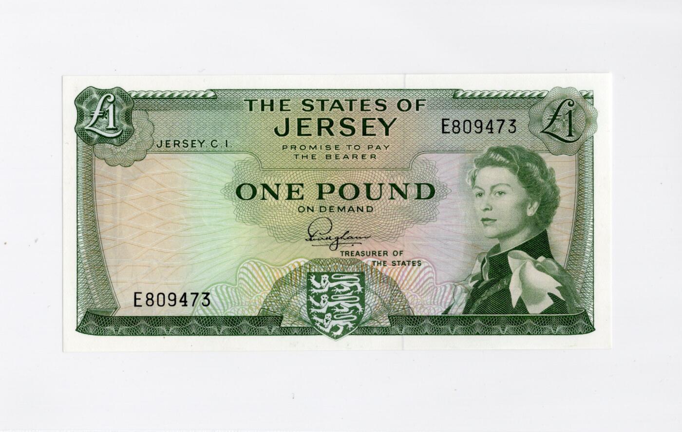 徐霞客拍卖首拍 泽西岛	P-8a 1963年1镑		E809473		unc-	泽西岛作为英国皇家属地，这张纸币发行于战后经济稳定期，是英联邦体系下地方货币自治的体现，币面伊丽莎白二世肖像与泽西岛纹章（持狮图案）结合，既彰显英王室的政治关联，又保留了泽西岛的本土身份标识，反映了属地的双重文化属性。作为泽西岛独立发行的法定货币，它是研究20世纪末英皇家属地货币体系、区域金融关系的重要资料。	