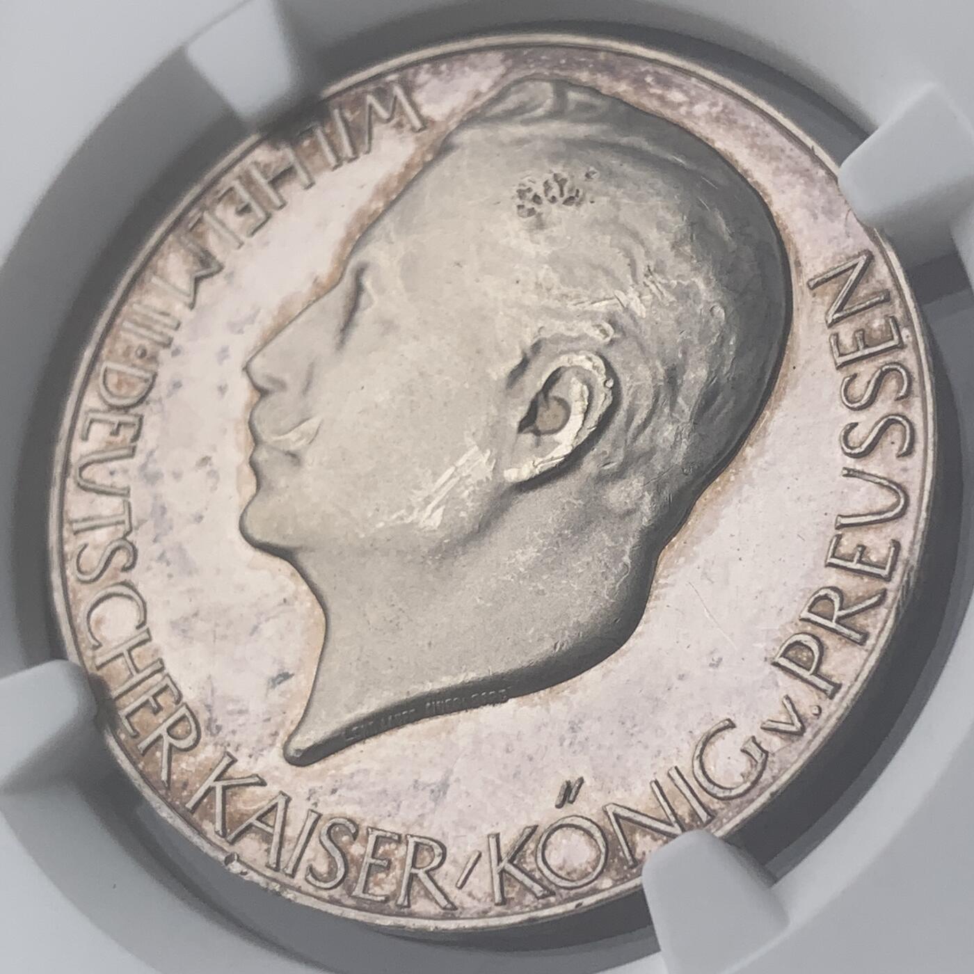 掌中浮雕-藏着的欧洲第051场 NGC MS61 ：1914年德国威廉二世一战开战纪念银章，33mm