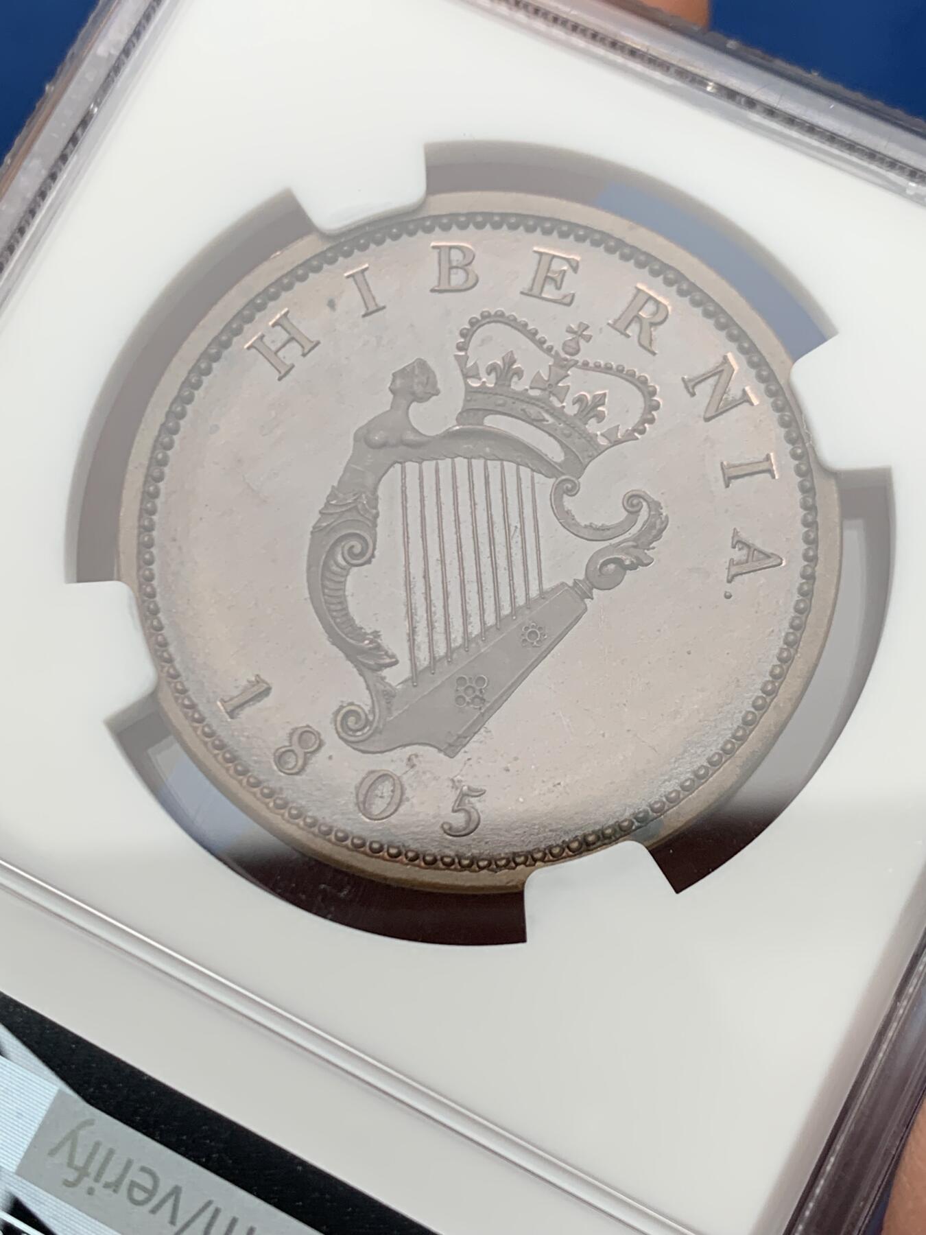 《竞宝斋》第462场 周日，周一，2场连拍 （全场包邮）欢迎送拍 NGC PF65BN 爱尔兰 1805 乔三竖琴1便士大铜精铸 Küchler雕模，SOHO出品，运用了当时最先进的蒸汽动力压铸机，现代铸币史上的里程碑品种