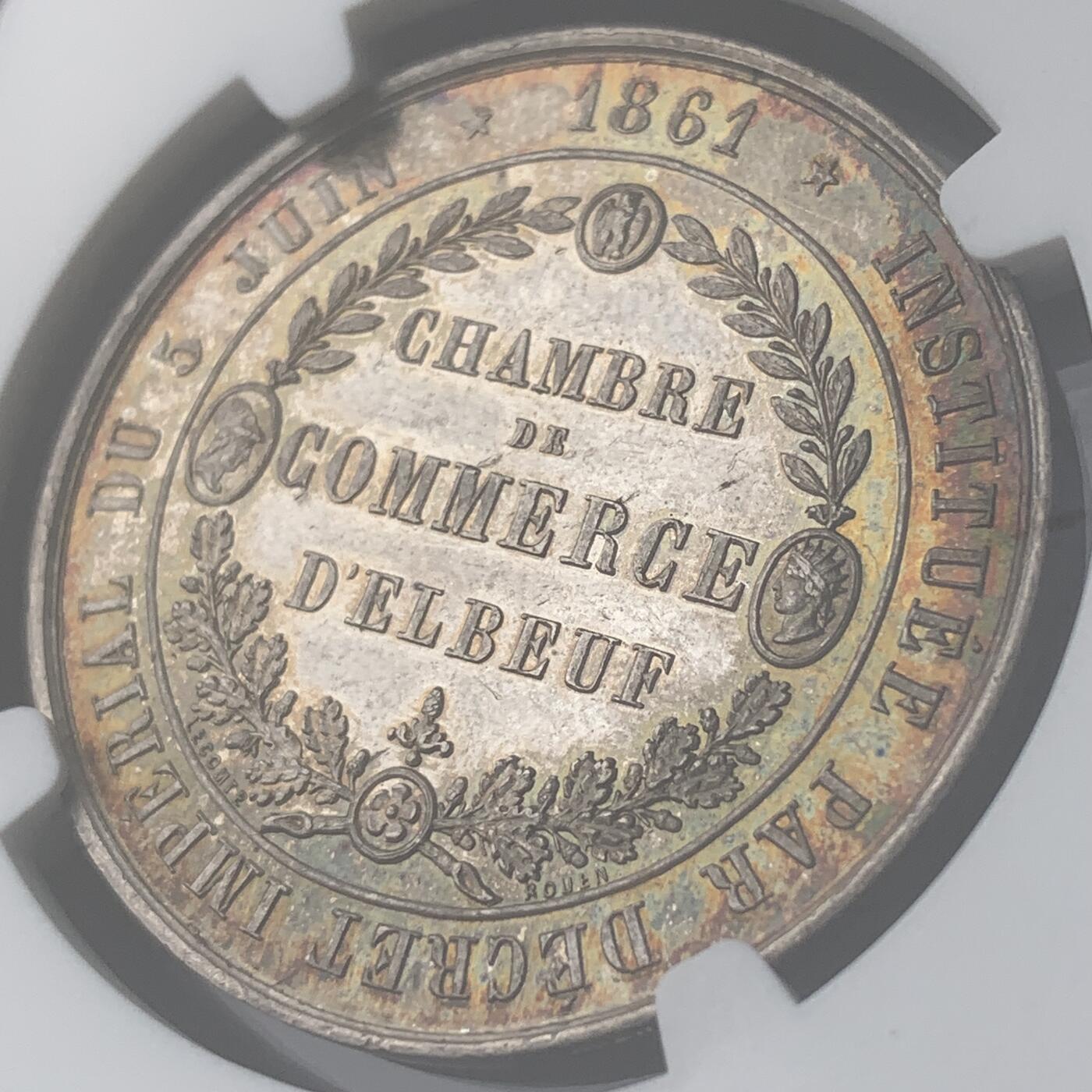 掌中浮雕-藏着的欧洲第051场 NGC MS64 ：1861年法国埃尔伯夫商会银章，33mm
