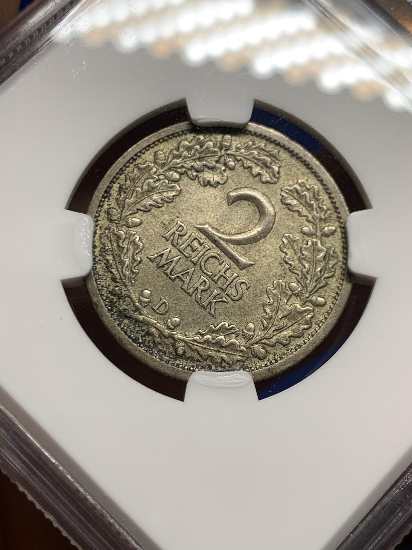 《竞宝斋》第462场 周日，周一，2场连拍 （全场包邮）欢迎送拍 NGC MS62 德国魏玛共和国1926年2马克银币 自然包浆非常养眼 高点均在